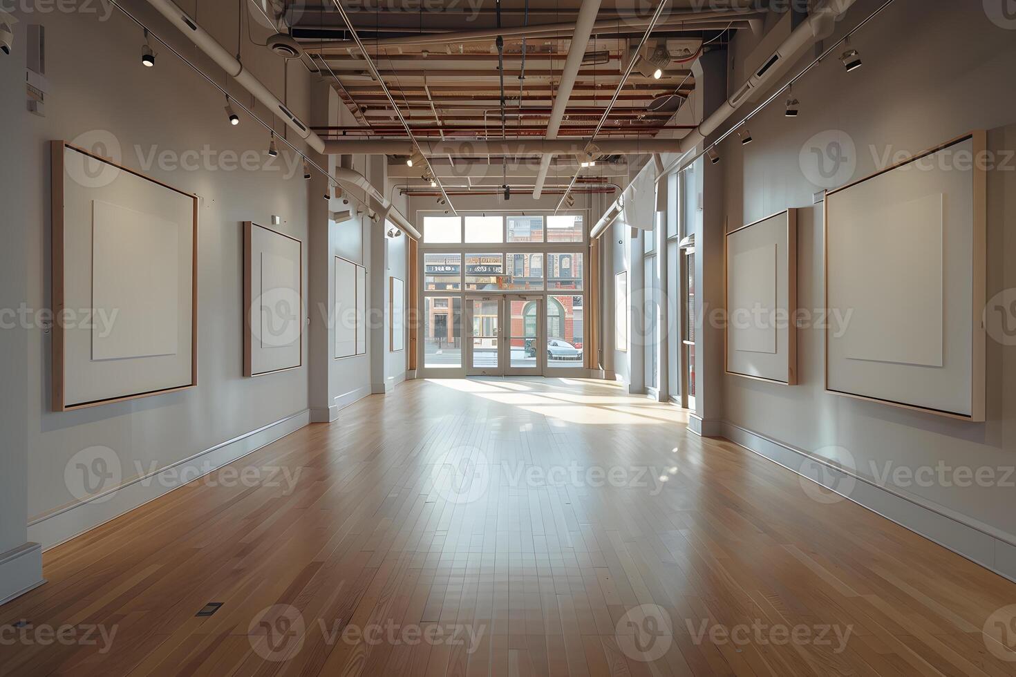 A long hallway filled with numerous paintings on the walls photo