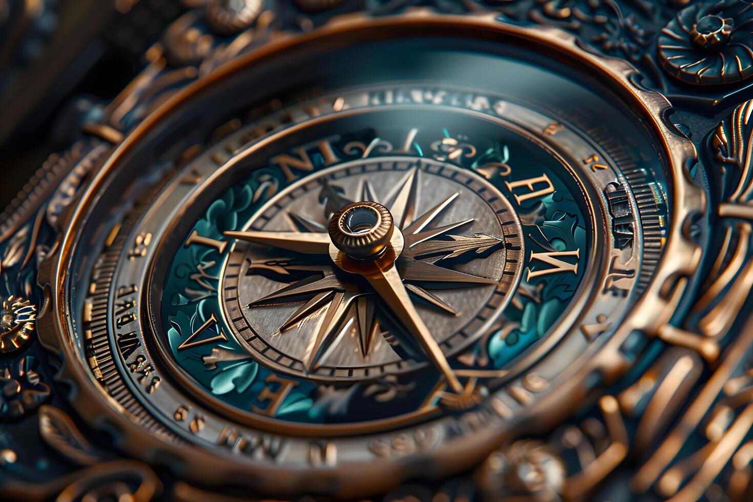 A metal clock with a compass close up photo