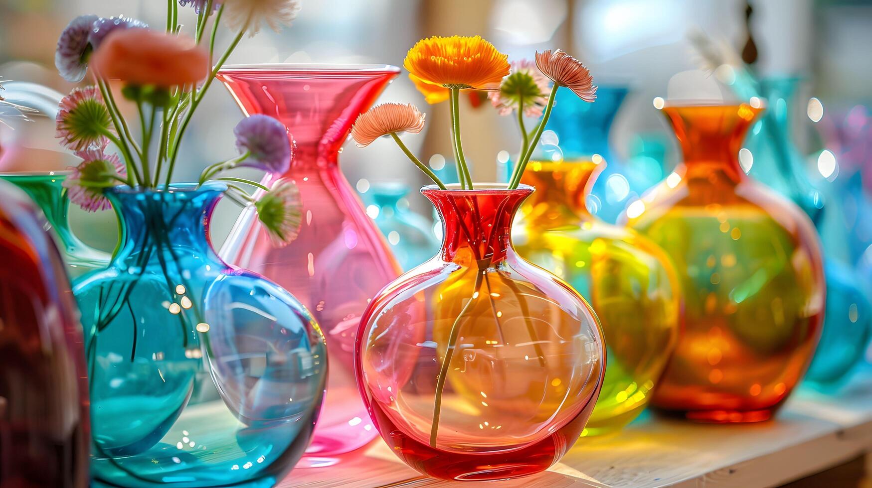 Brightly colored vases on shelf by window photo