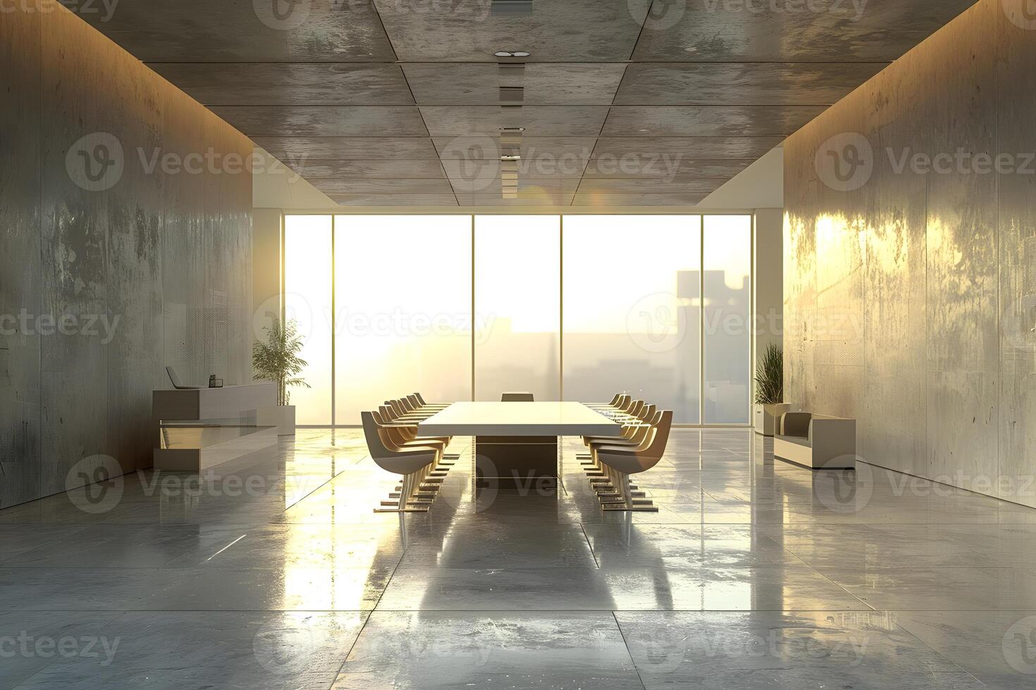 A long table with chairs under a large window photo