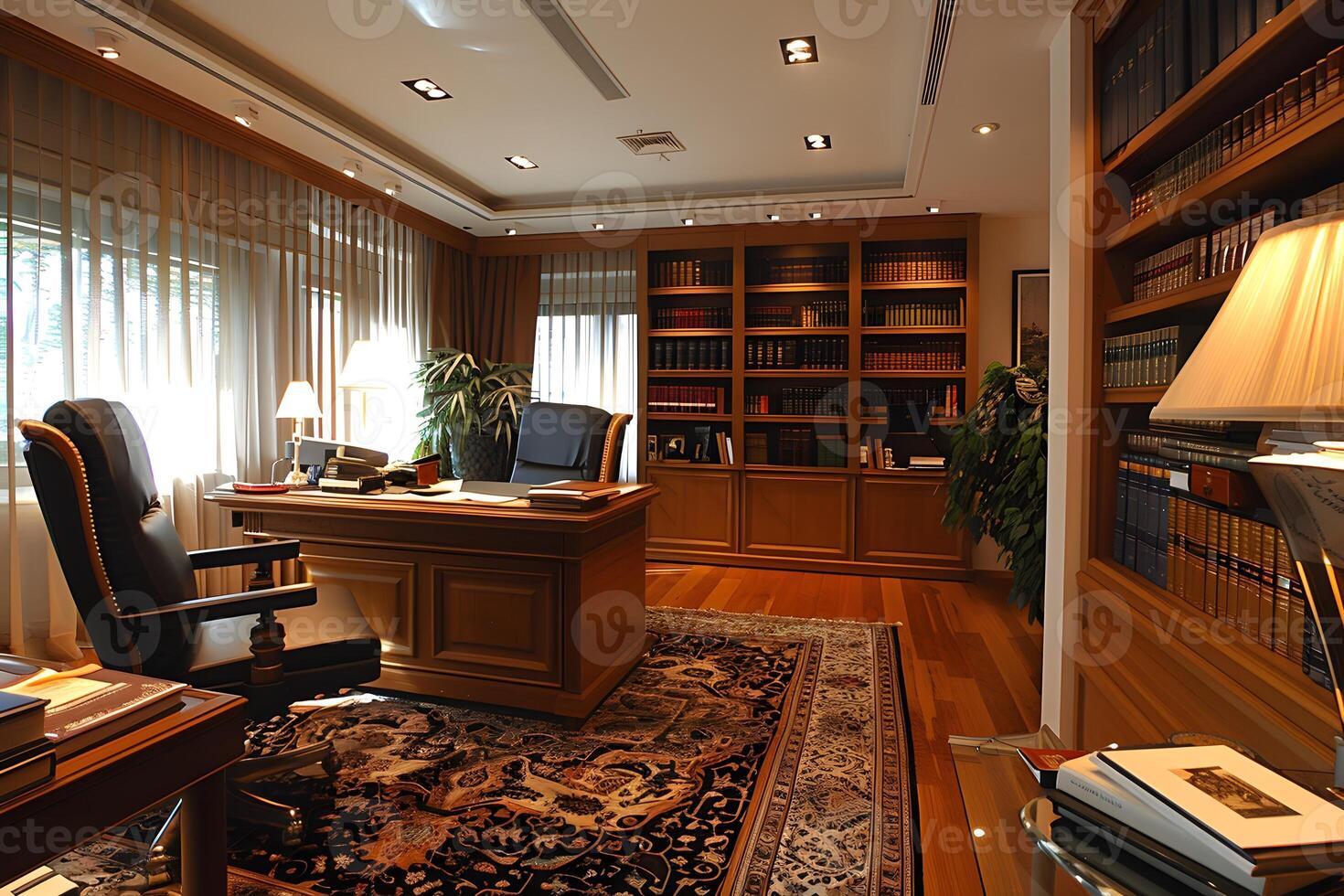 A desk with a lamp and chair in a room photo