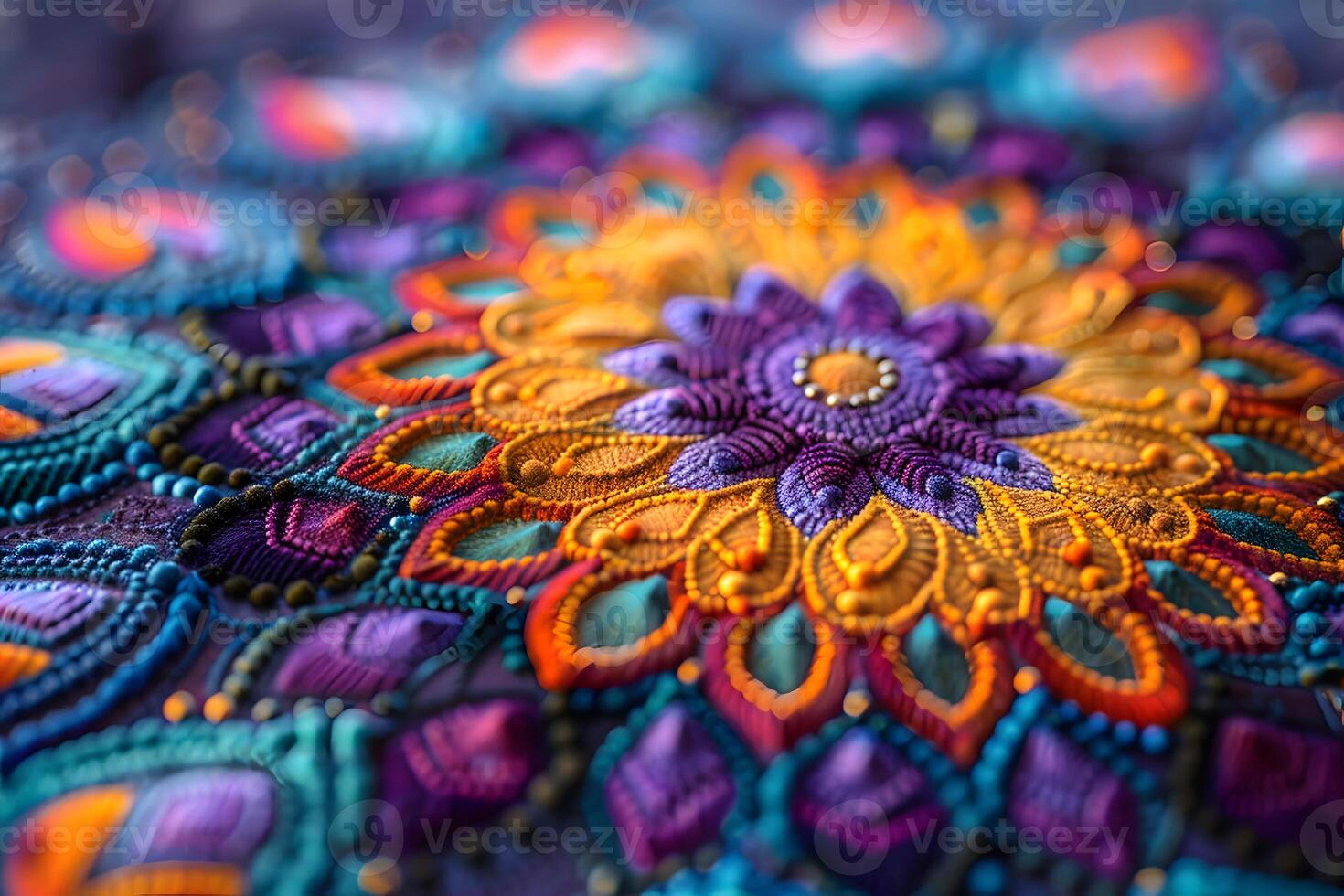 A close up of a colorful embroidered design on a table photo