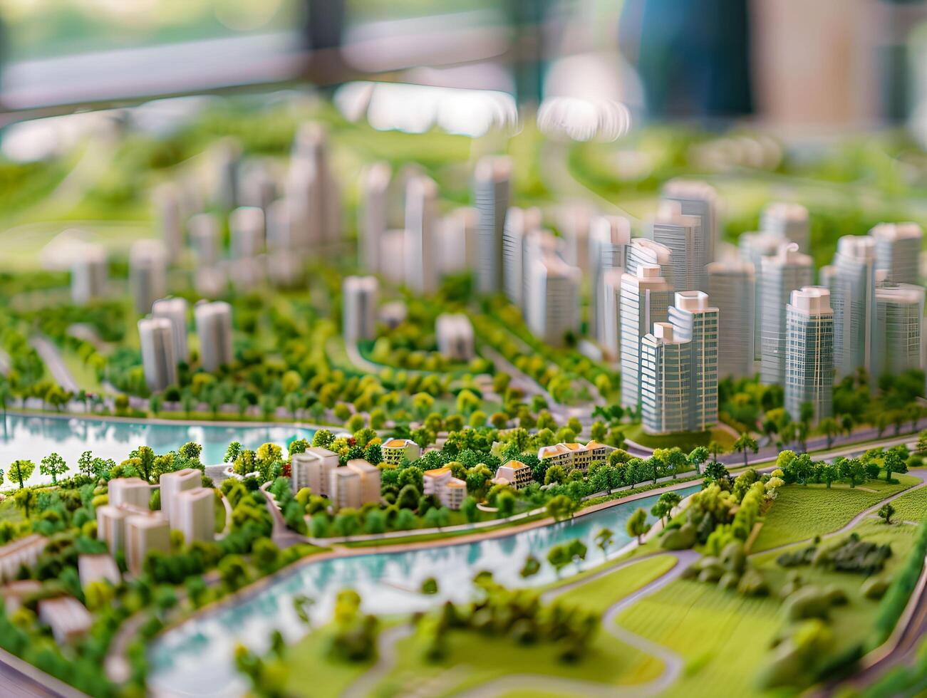 Artificial city model featuring river, trees, and bridges photo