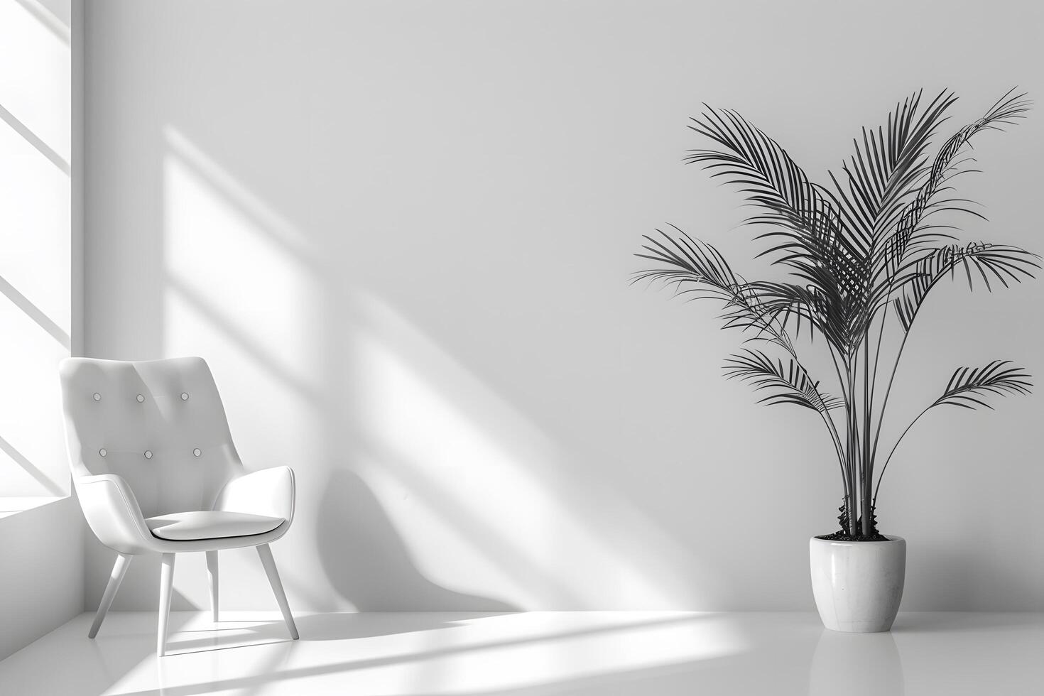 A close up of a chair with a plant in a room photo