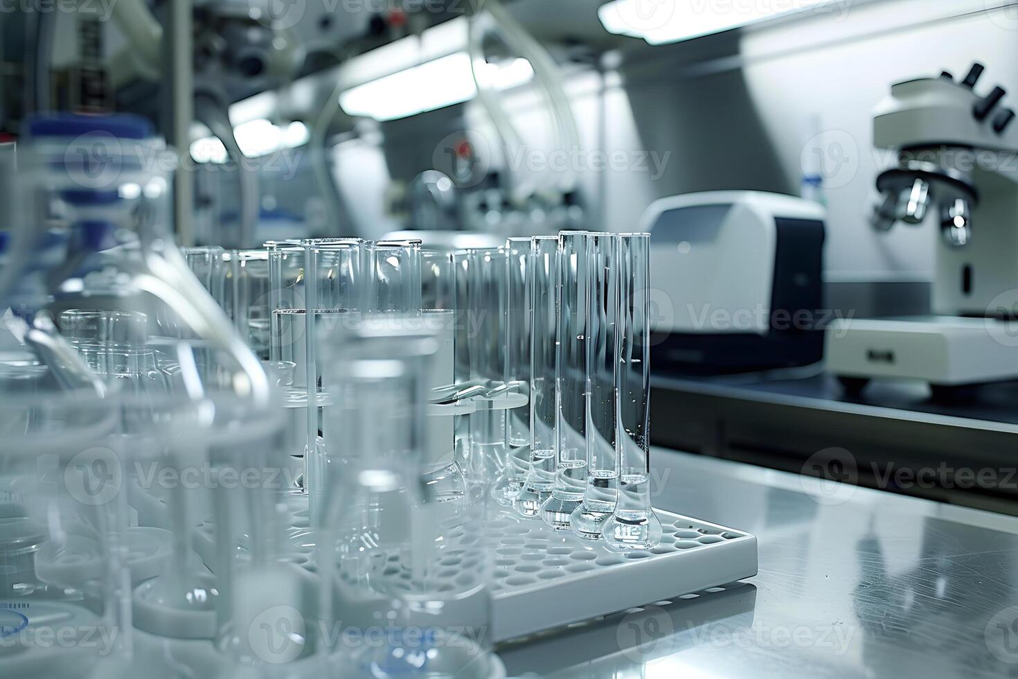 Microscope and various glassware in a science lab photo