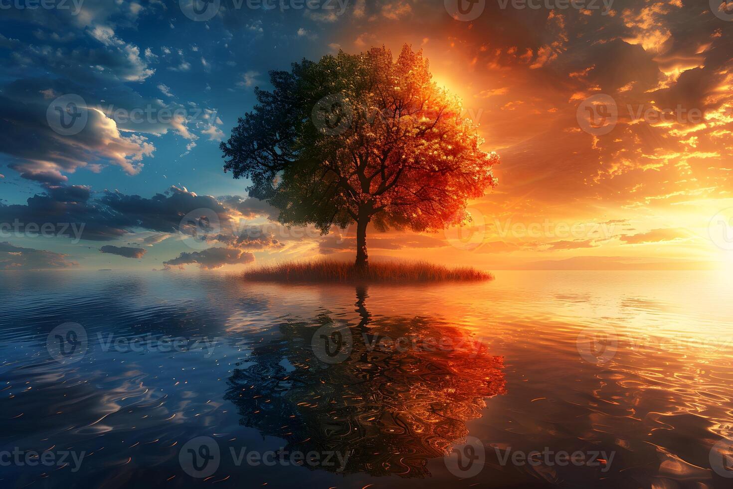 A tree in the middle of a lake with a sunset in the background photo
