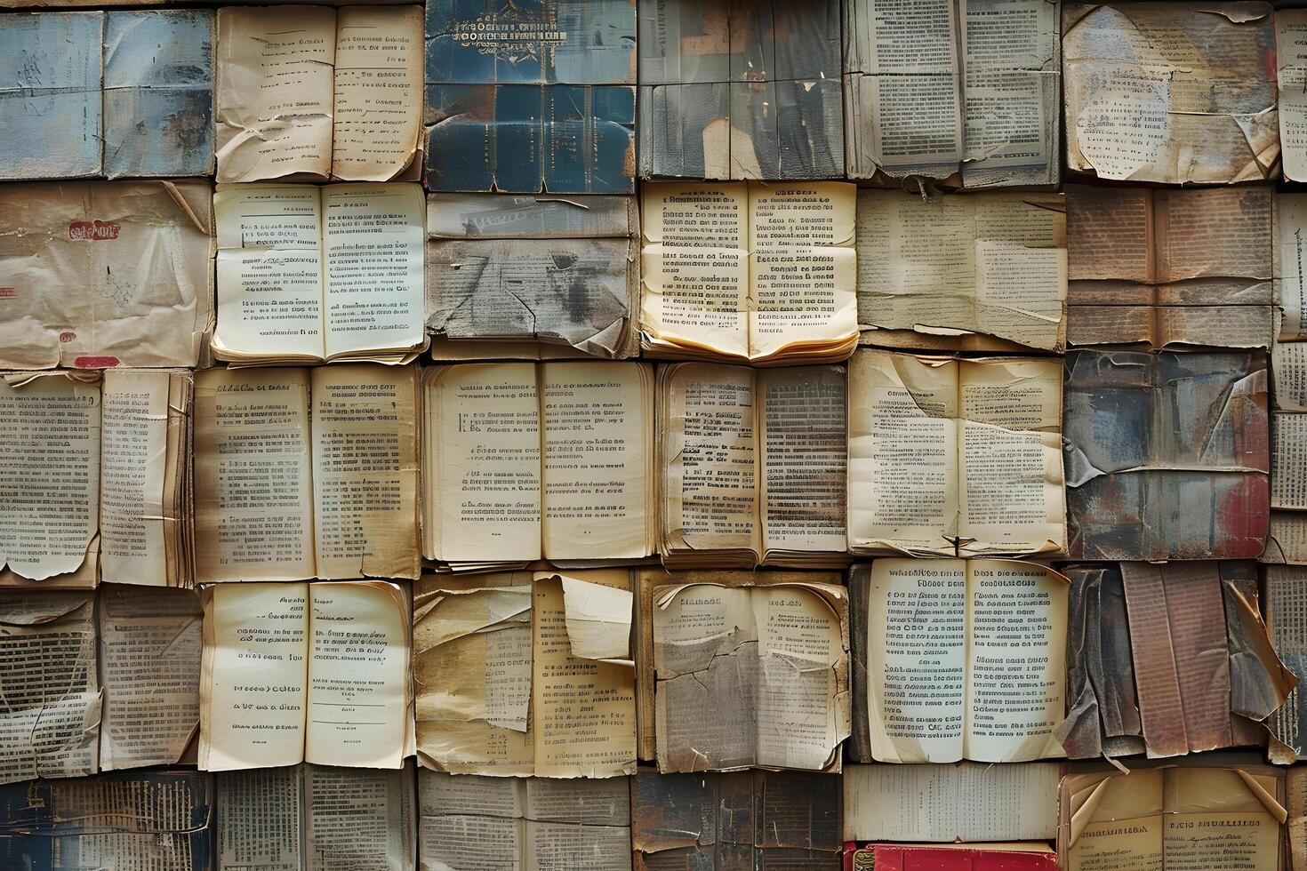 Wall of old books with torn pages and torn pages photo