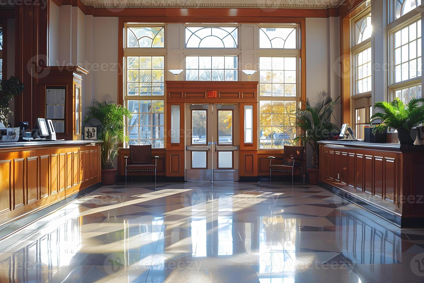 A large lobby with a checkered floor and a large window photo