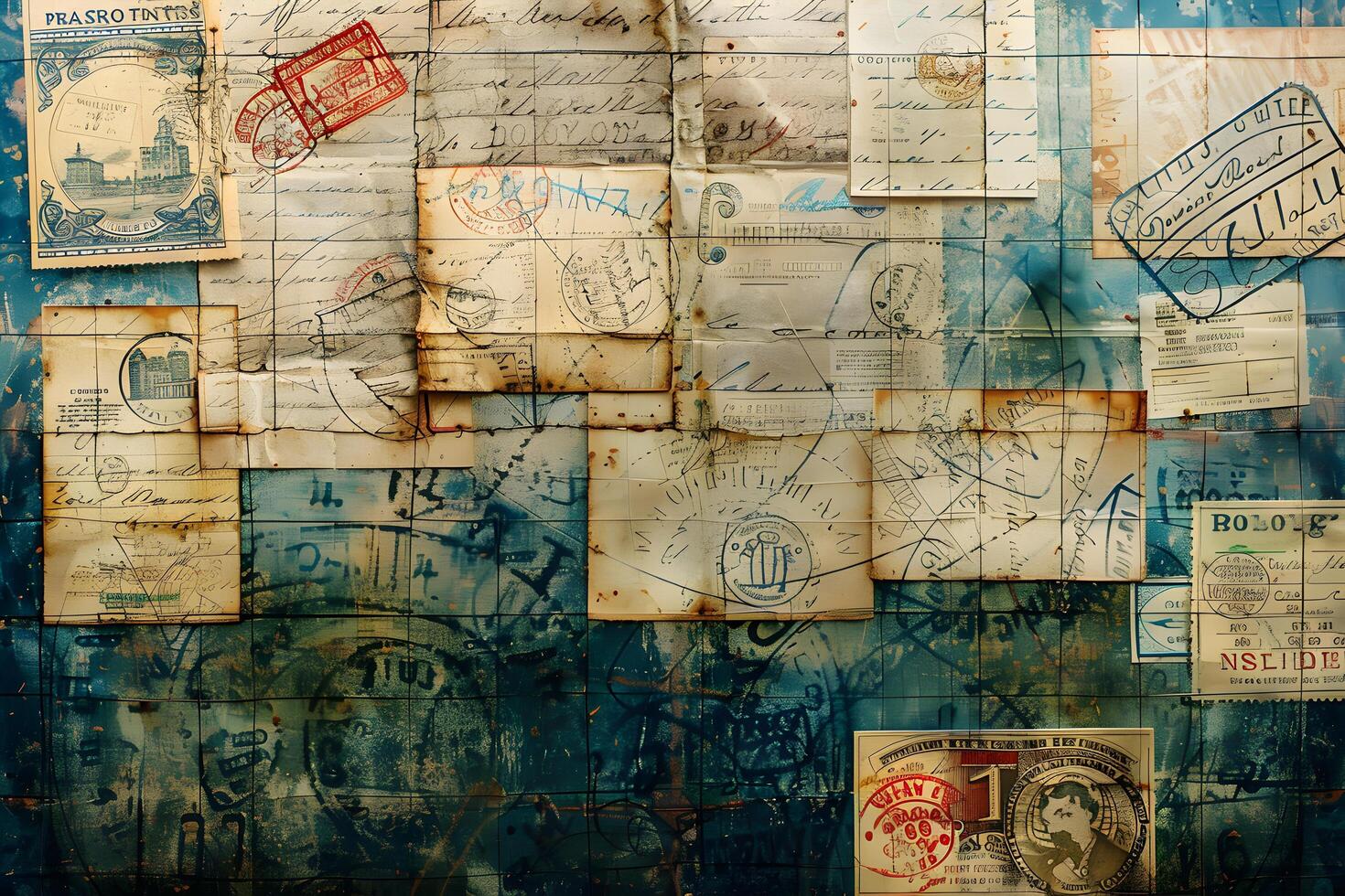 A close up of a wall covered in various stamps photo