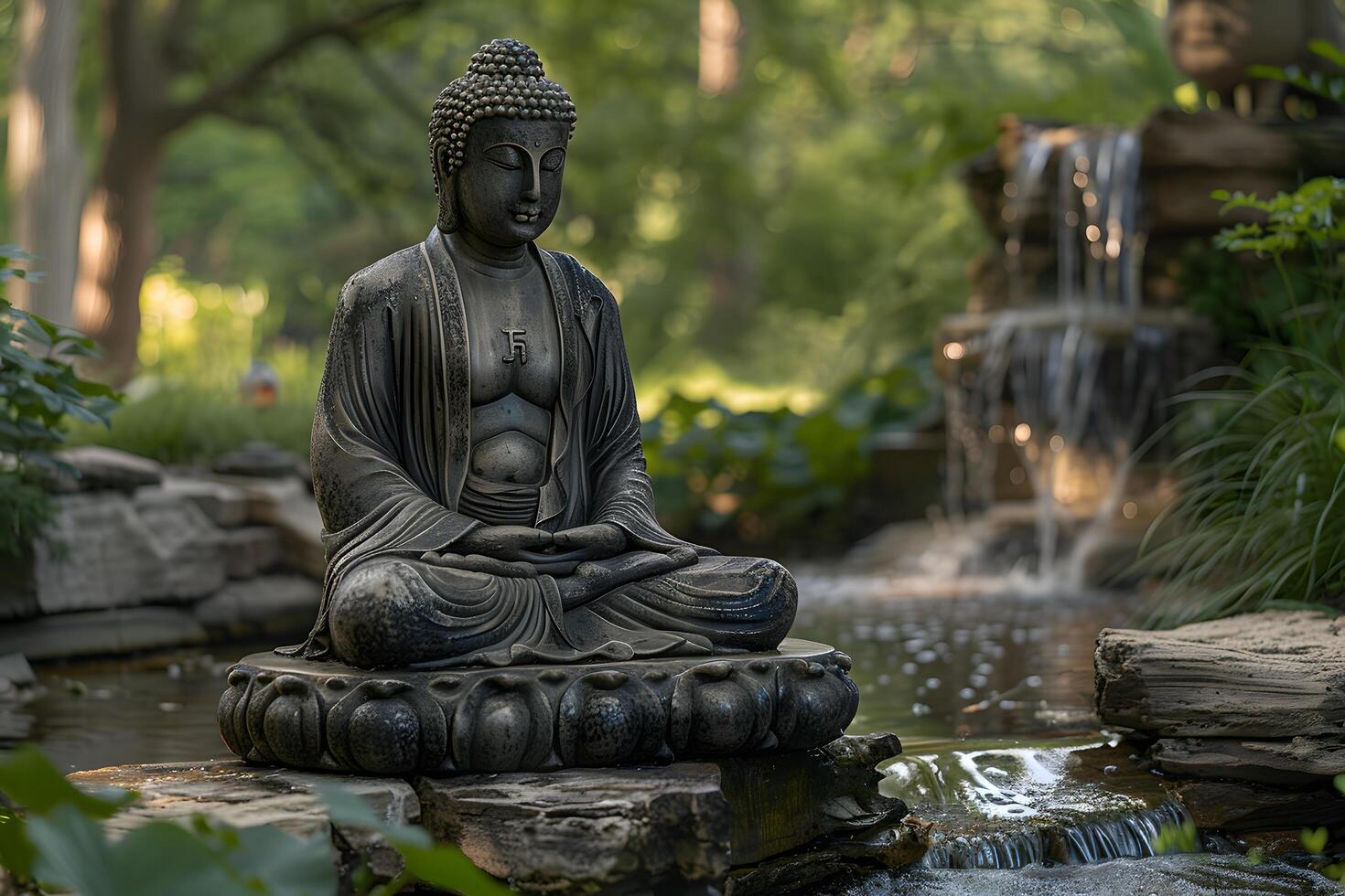 A statue of a buddha on a stone in a yard photo