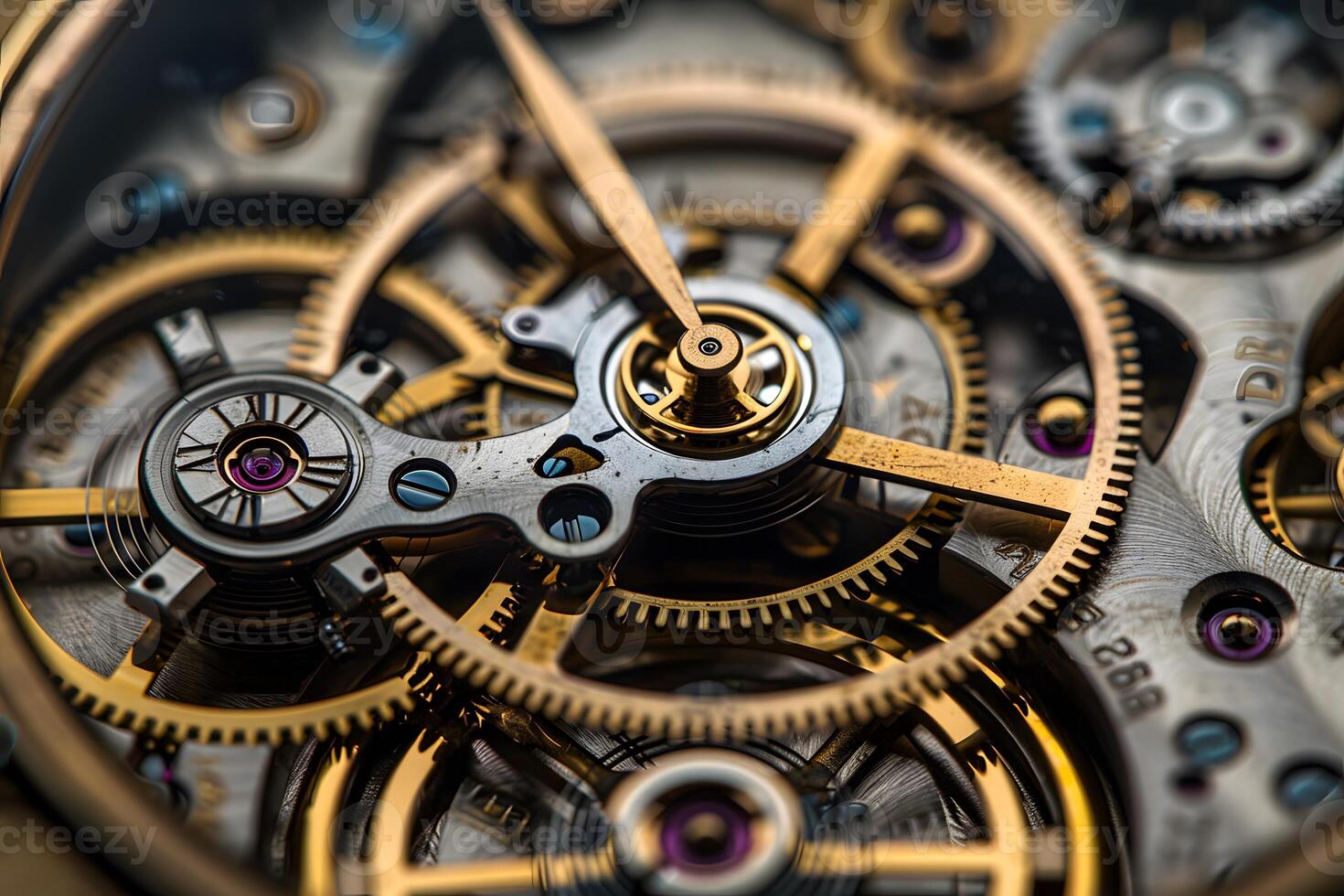 A close up of a watch with a gold case and gears photo