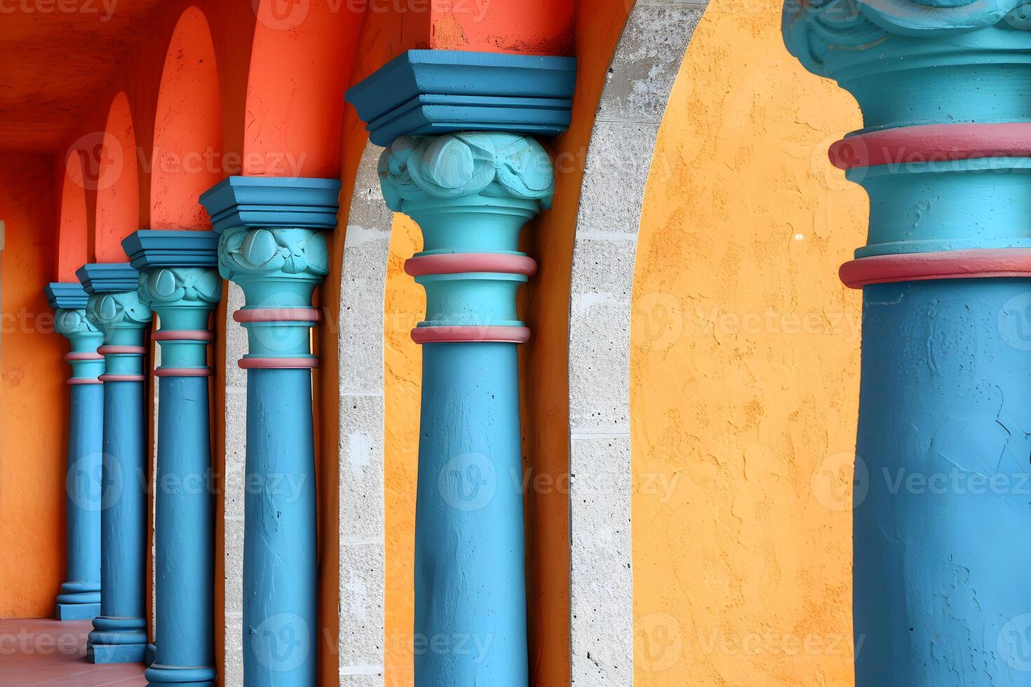 A row of columns with a clock on top photo