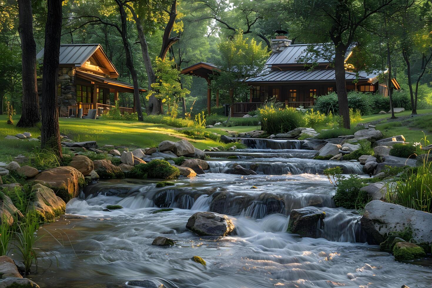 Cabin in the woods with a stream running through it photo