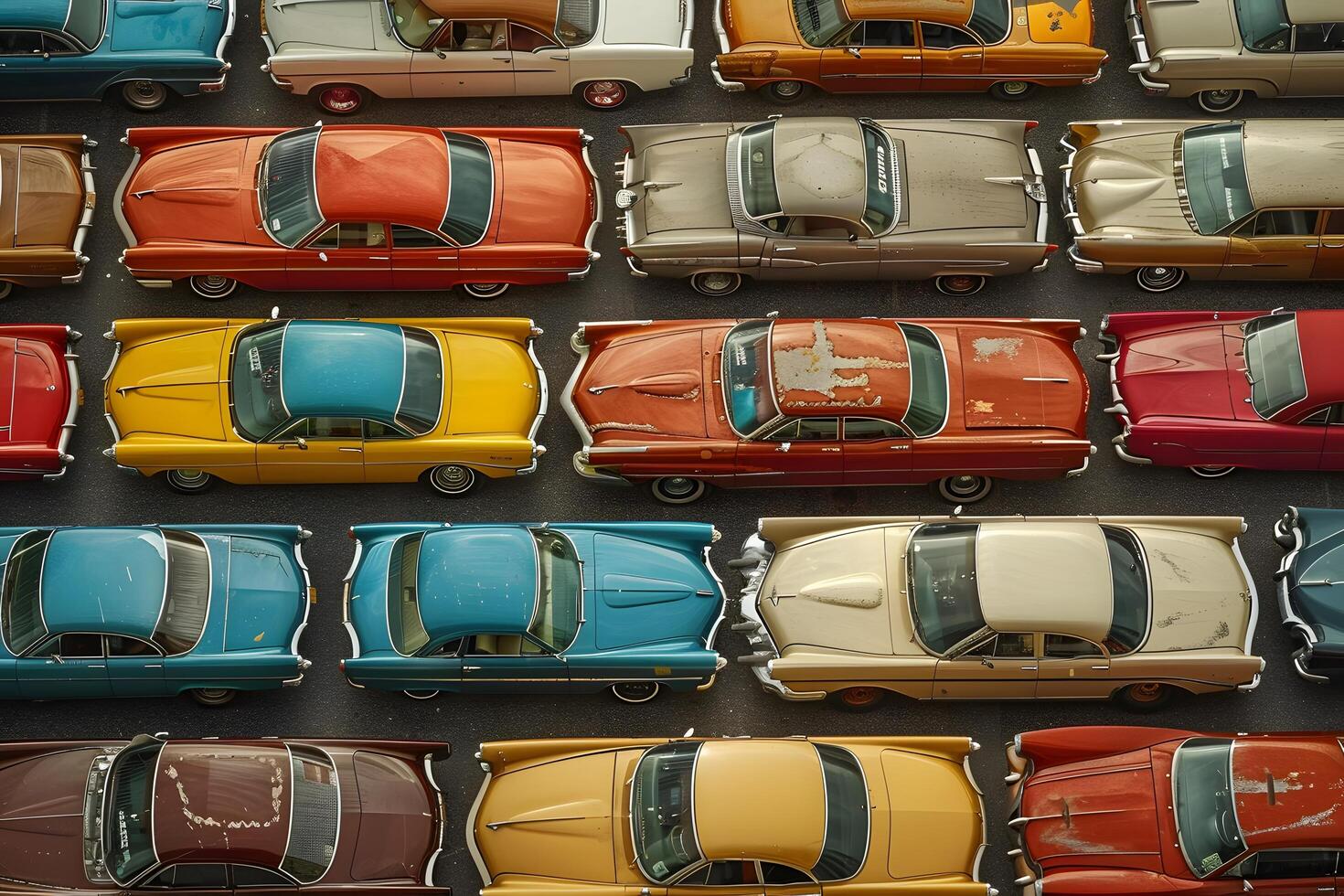 Many miniature cars lined up together photo
