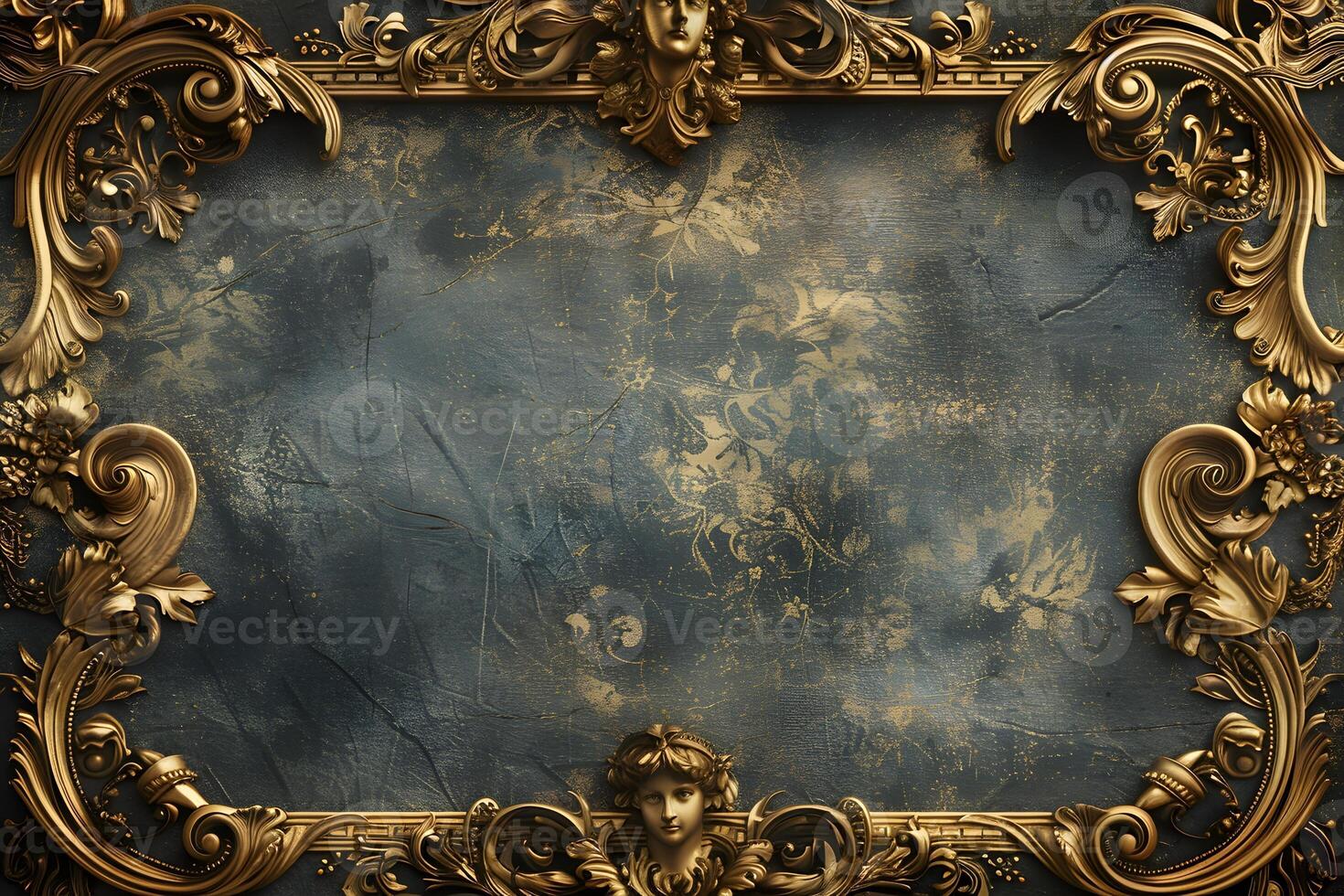 Close up of gold frame on blue wall photo