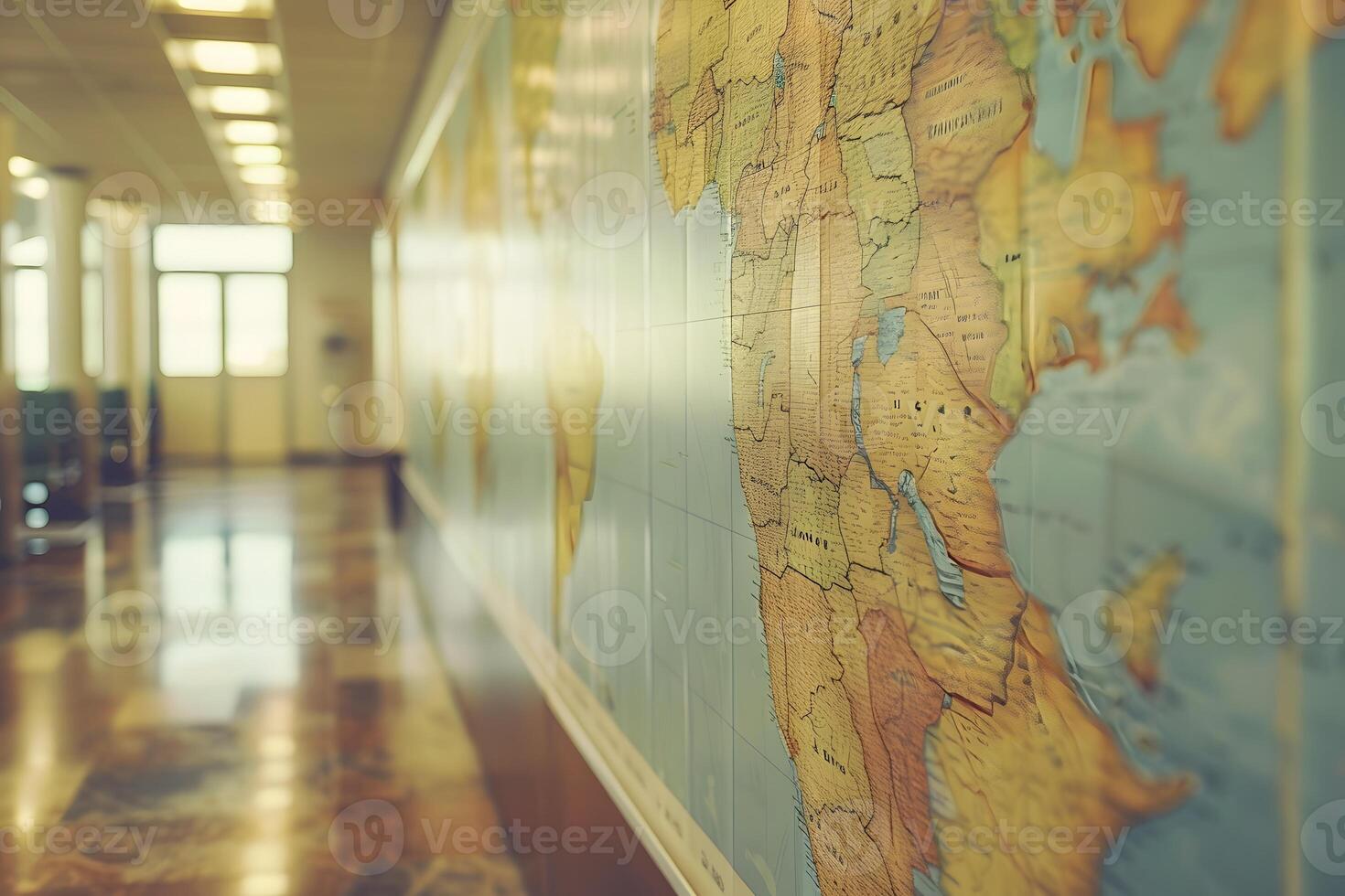 A map displayed on the wall of a corridor inside a building photo