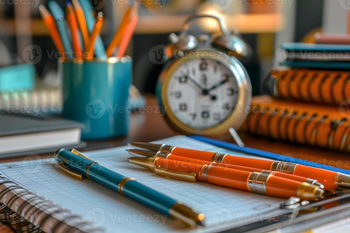 Many pens and a clock on a desk with notebooks photo