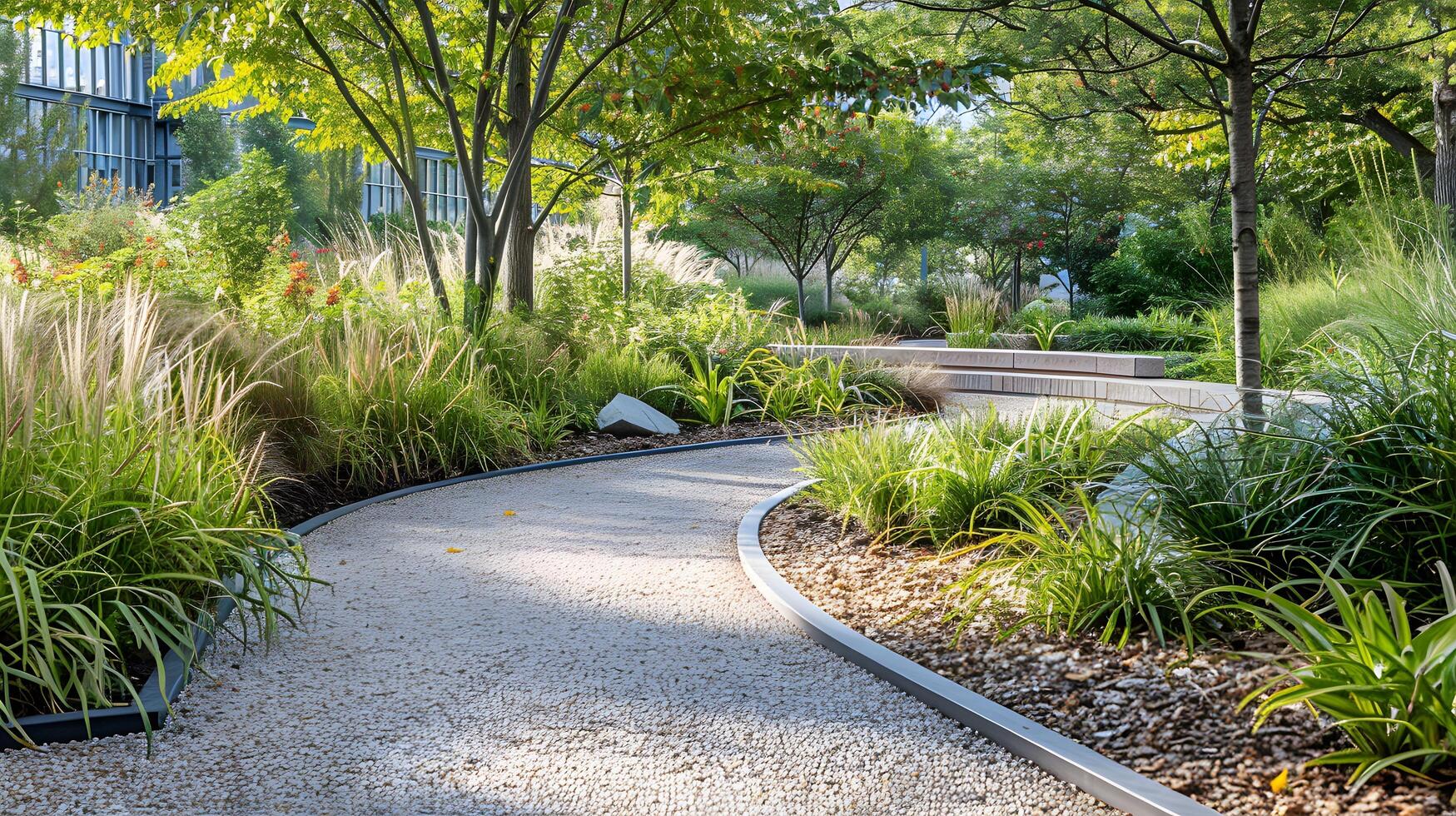 A close up of a walkway with a bench and trees in the background photo