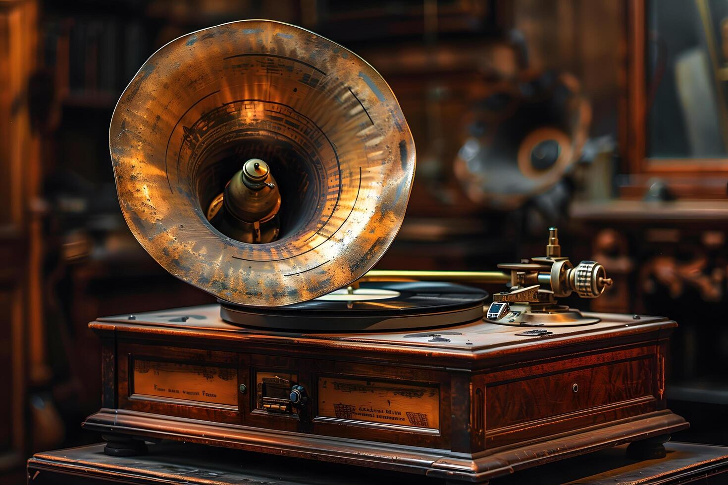 A gramophone on a wooden stand in a room photo