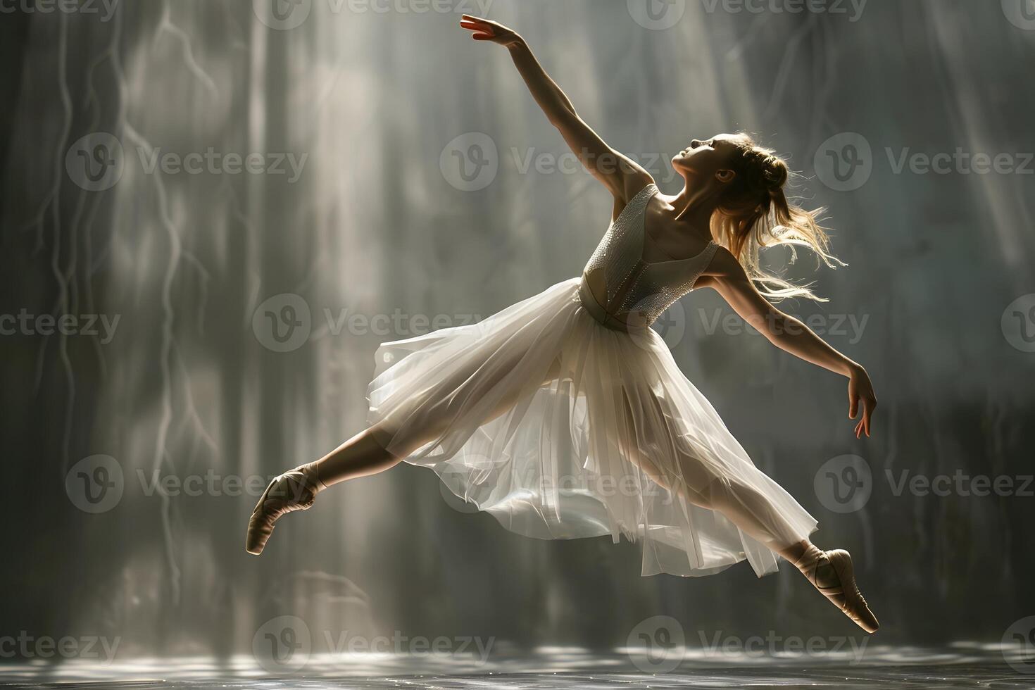 A woman in a white dress is jumping in the air photo