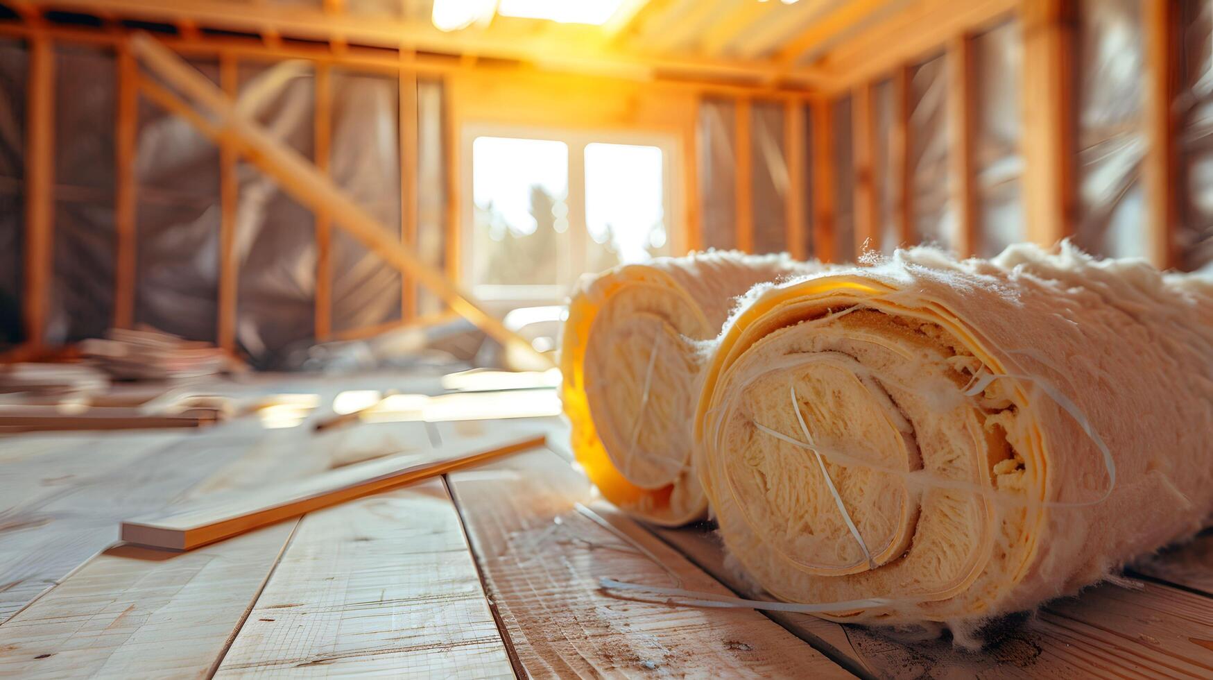 A close up of a roll of insulation on a wooden floor photo