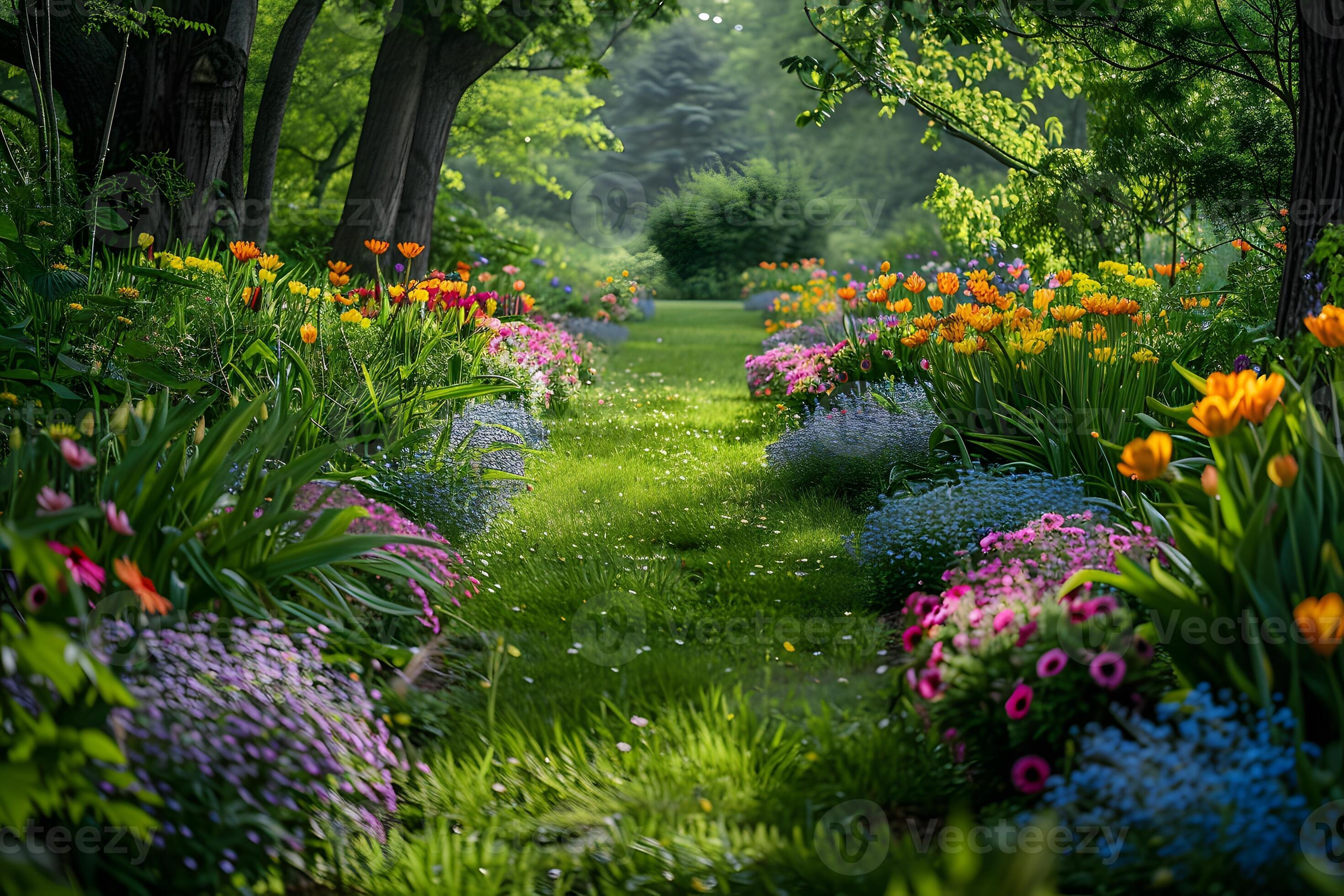 A view of a garden with lots of flowers and trees 46275655