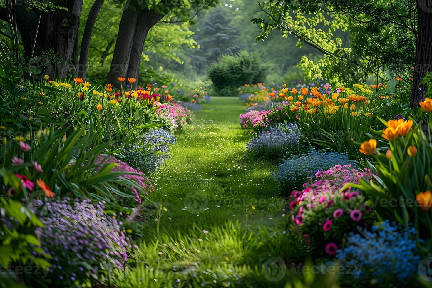 A view of a garden with lots of flowers and trees photo