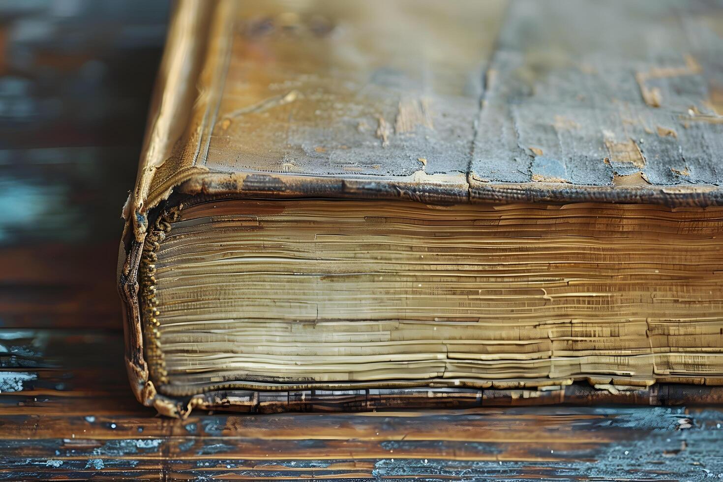 An old book with a very worn cover sitting on a table photo