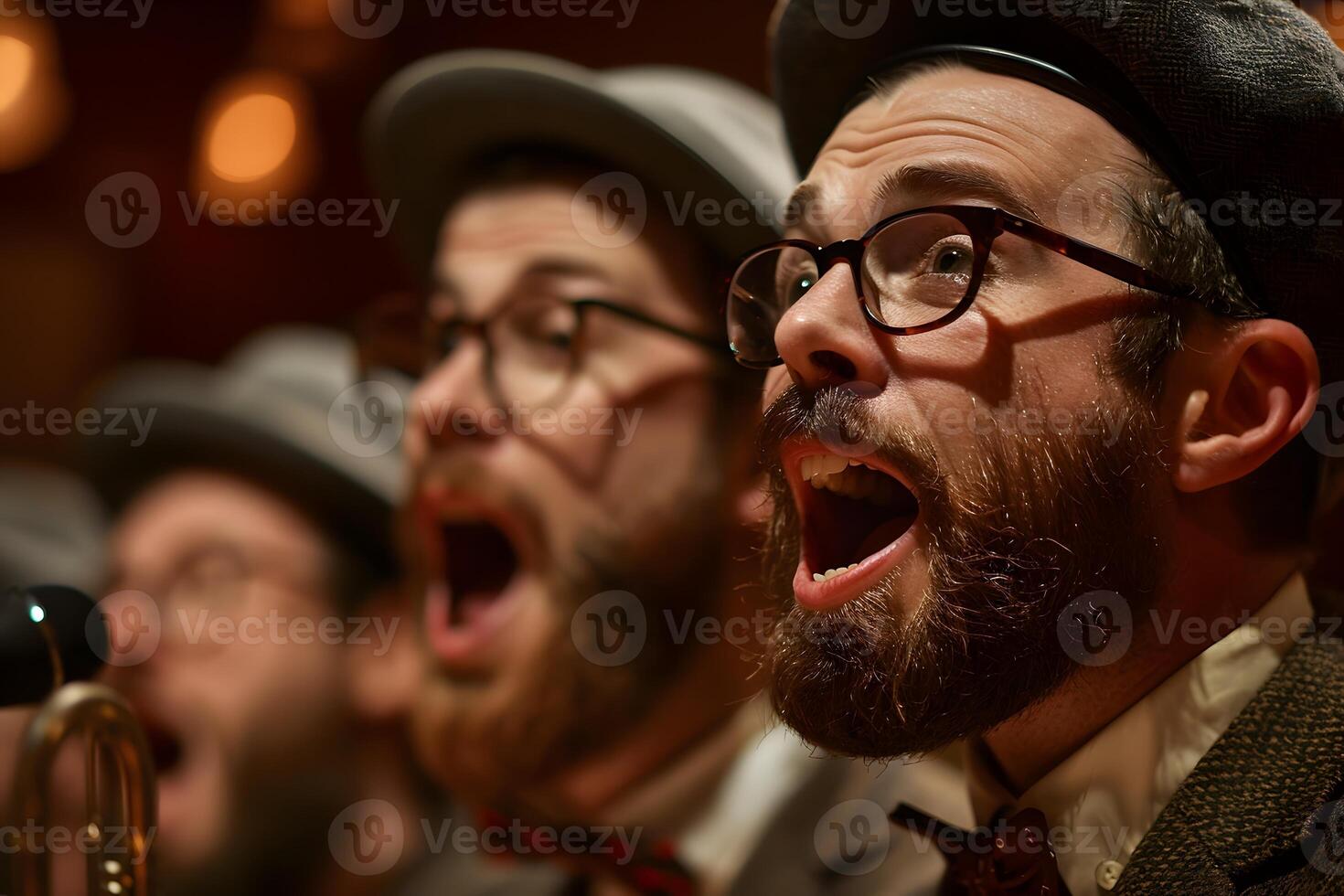 Two men singing energetically in a music group photo