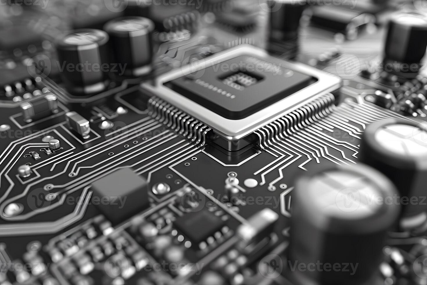Close-up view of computer motherboard with various electronic parts photo