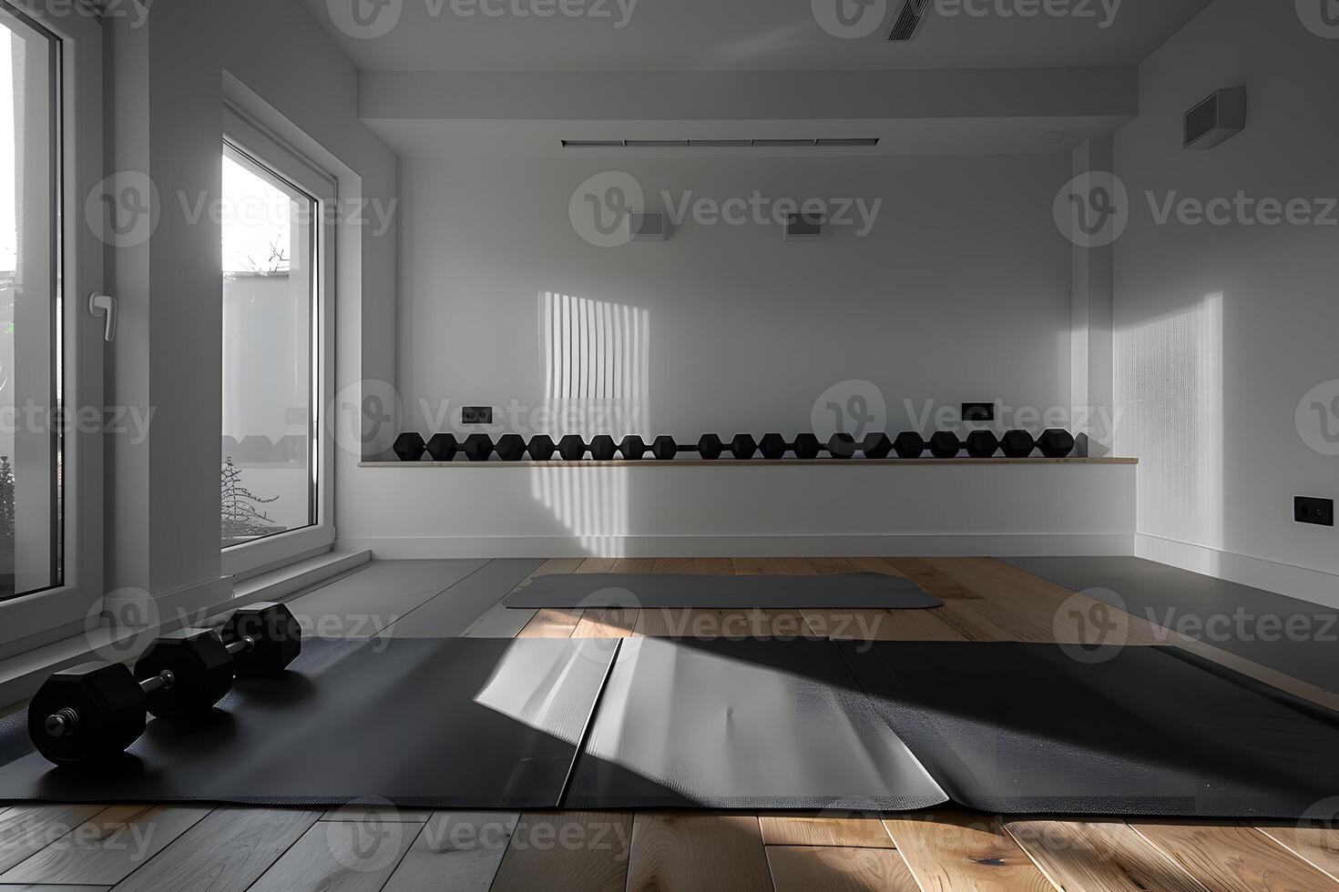 A room with a yoga mat and a pair of dumbbells photo