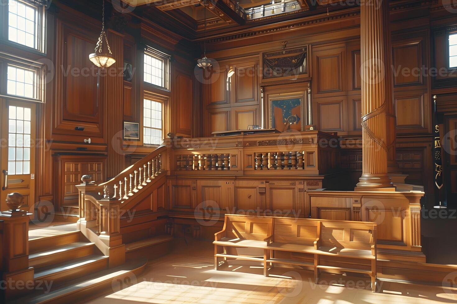 Wooden bench in room with staircase photo