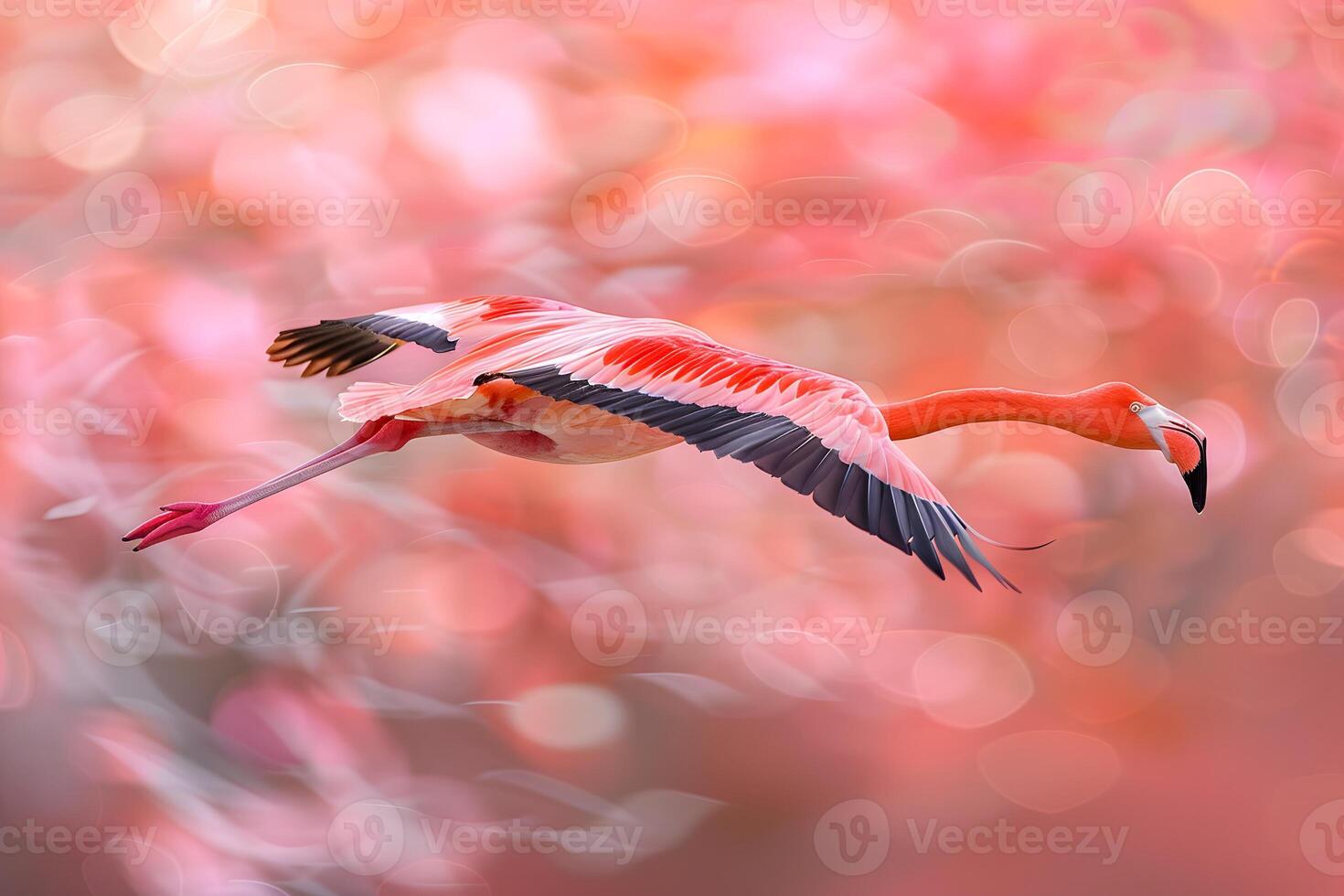 A pink flamingo soaring wings spread in the sky photo