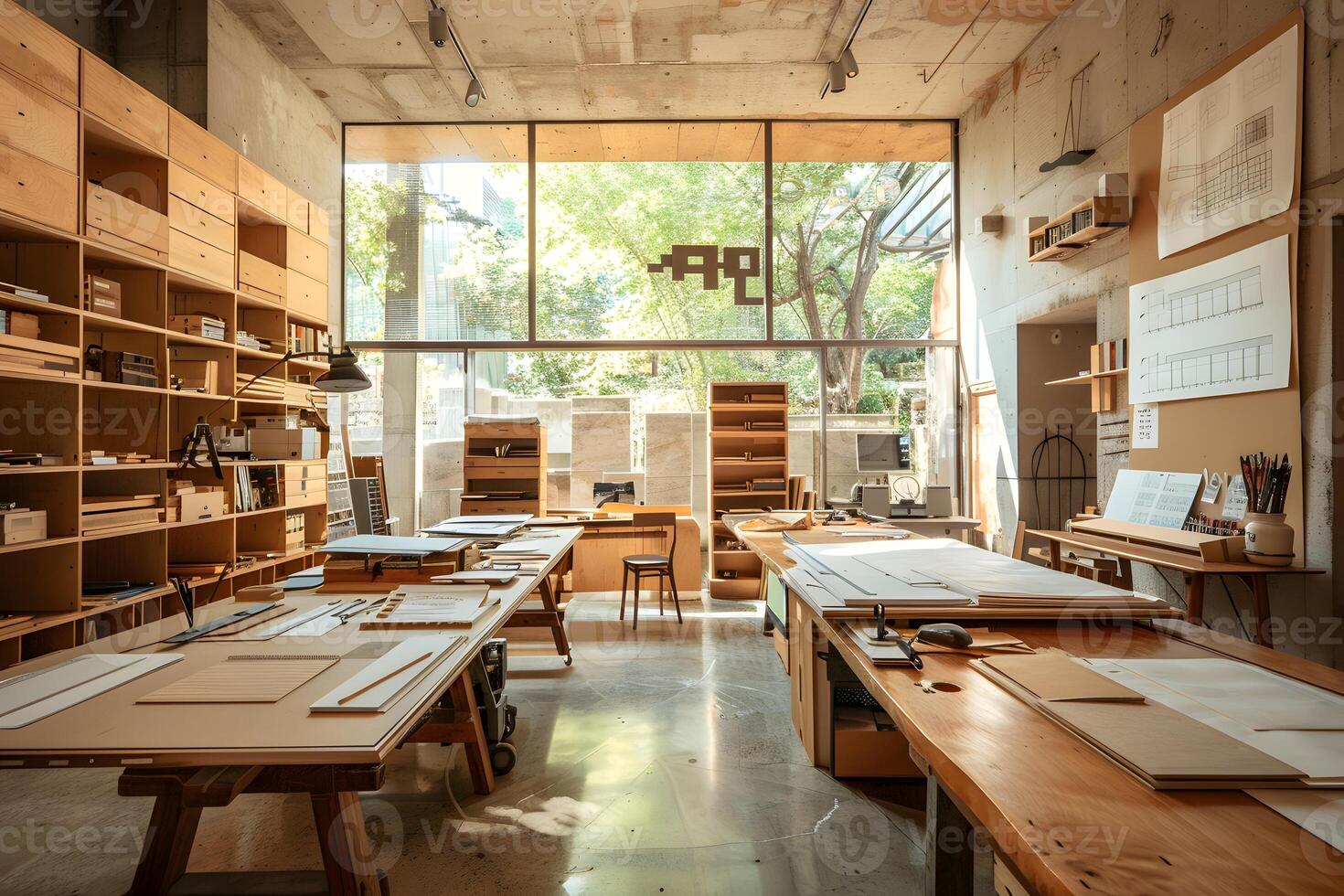 A view of a room with a lot of wooden tables and chairs photo