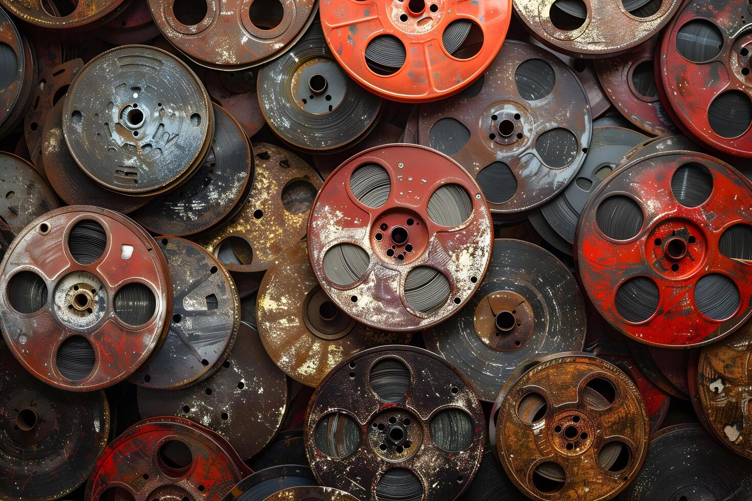 Close up of a stack of aged reels covered in corrosion photo