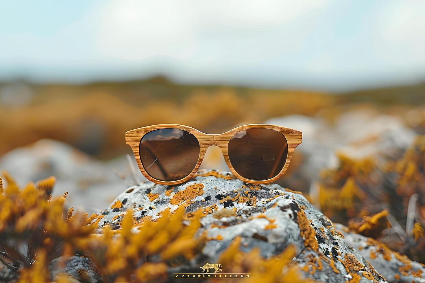 Sunglasses resting on rock in green meadow photo
