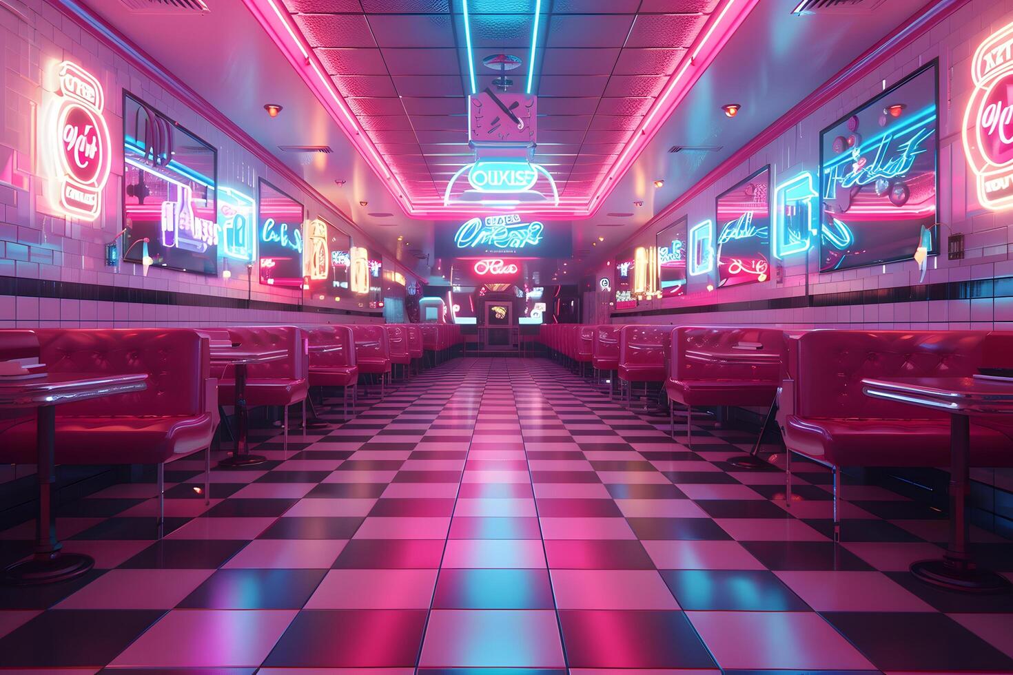 Close-up of a vintage diner with neon signage and red booths photo