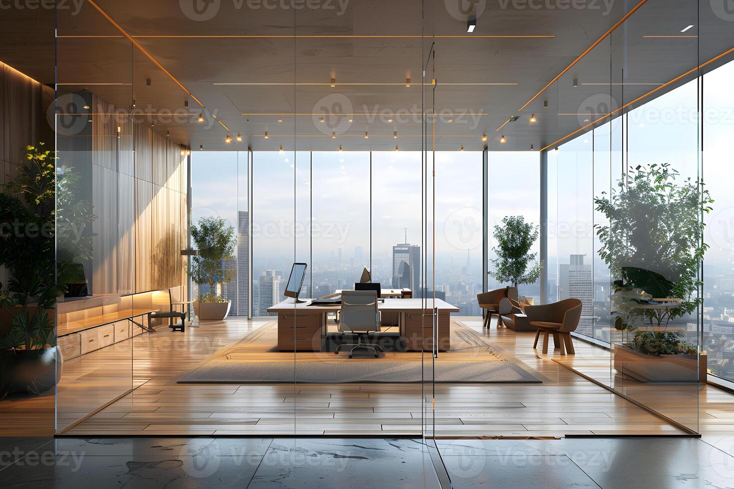Office with a large glass wall and a wooden desk photo