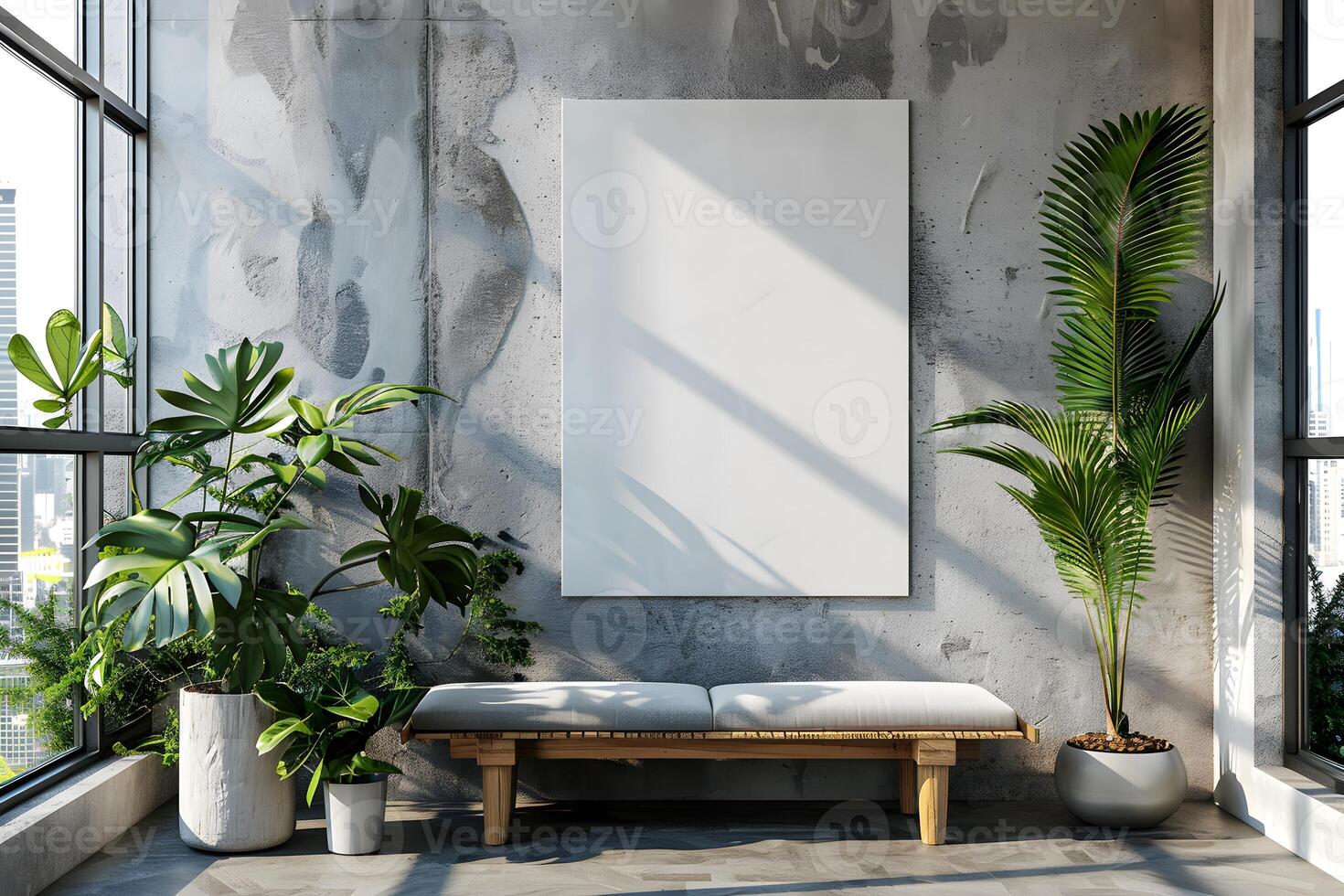A room featuring a bench and a large poster photo