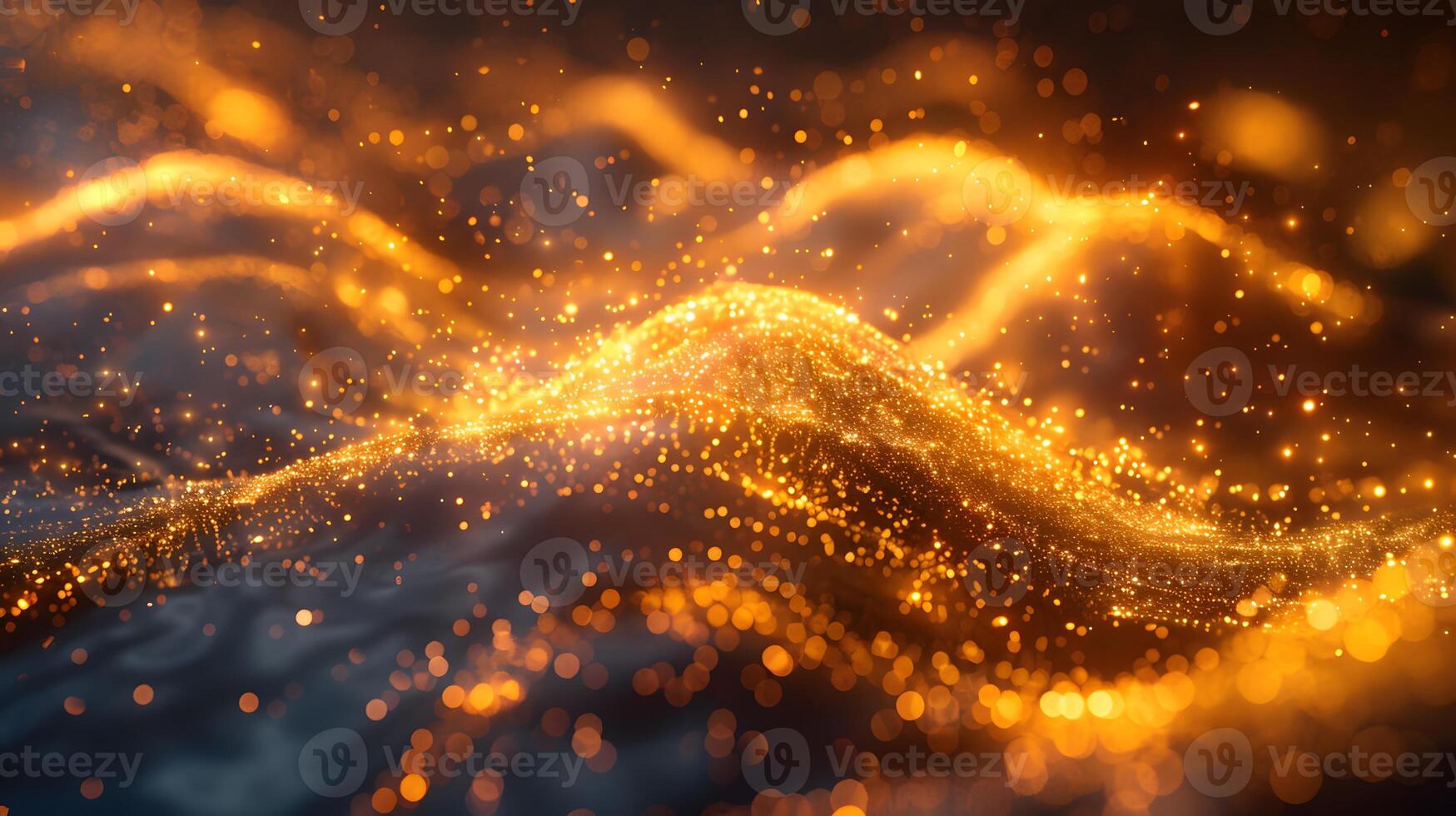 Close-up of a wave of golden lights against a black background photo