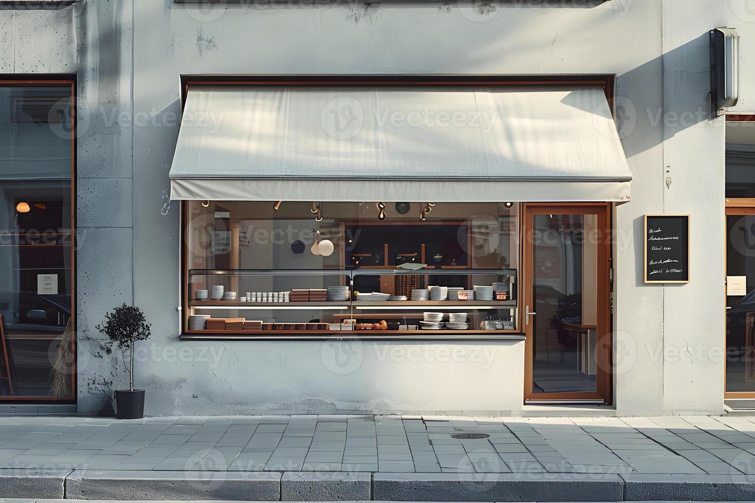 A store front with a window and a sign on the side photo