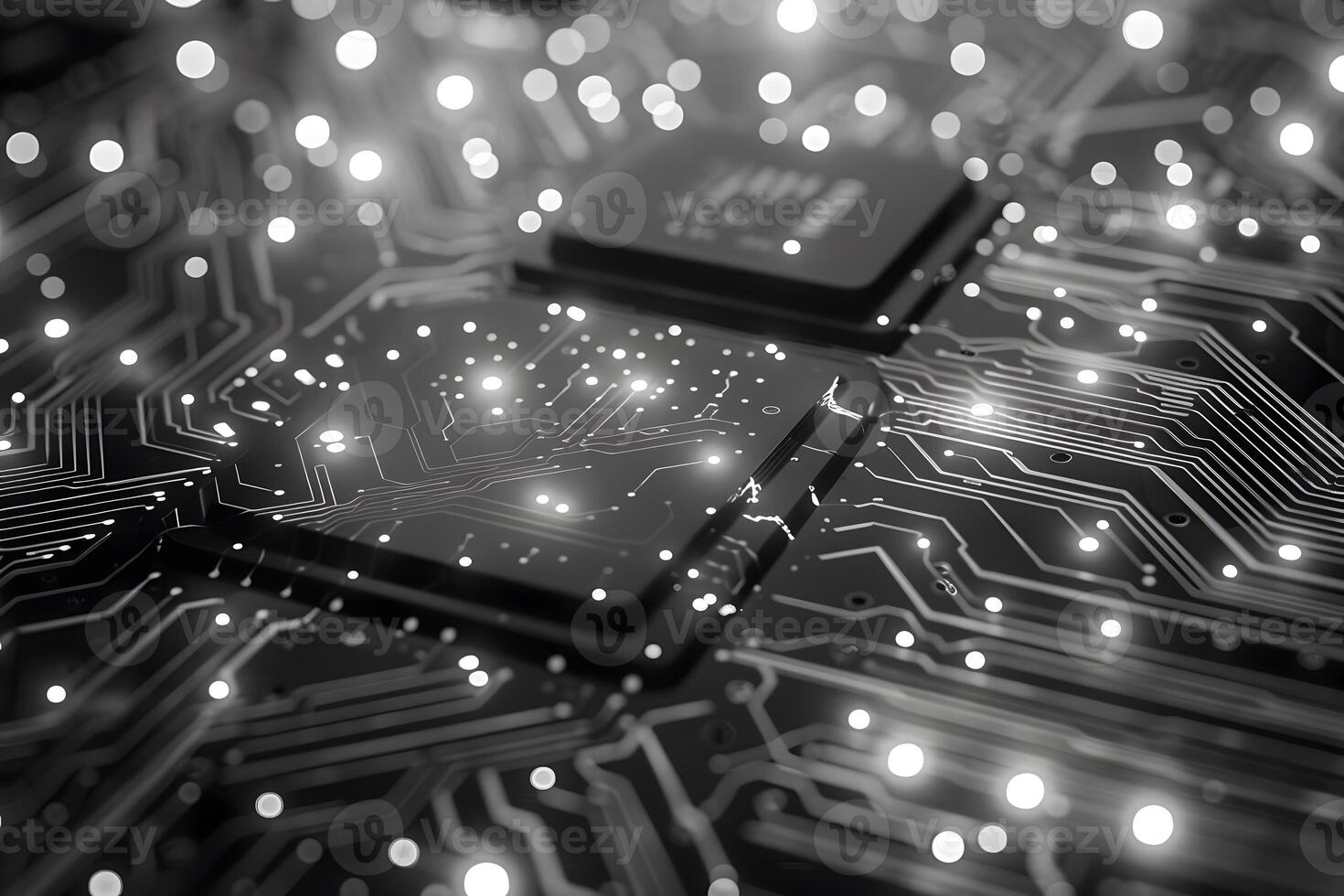 A computer chip on a printed circuit board photo