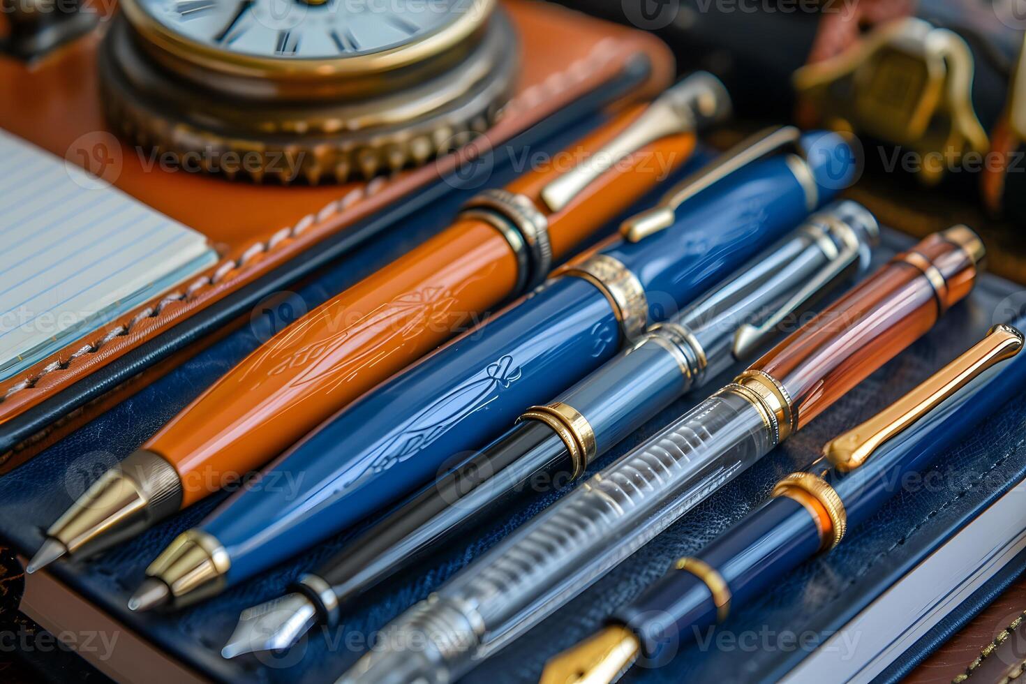 Many pens and a clock on a desk photo