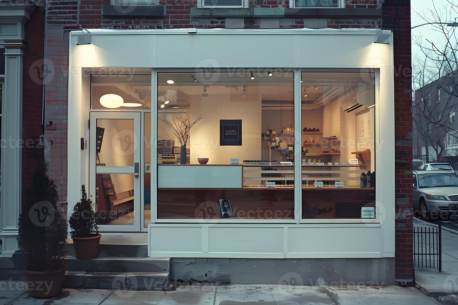 A store front with a large window and a small table photo