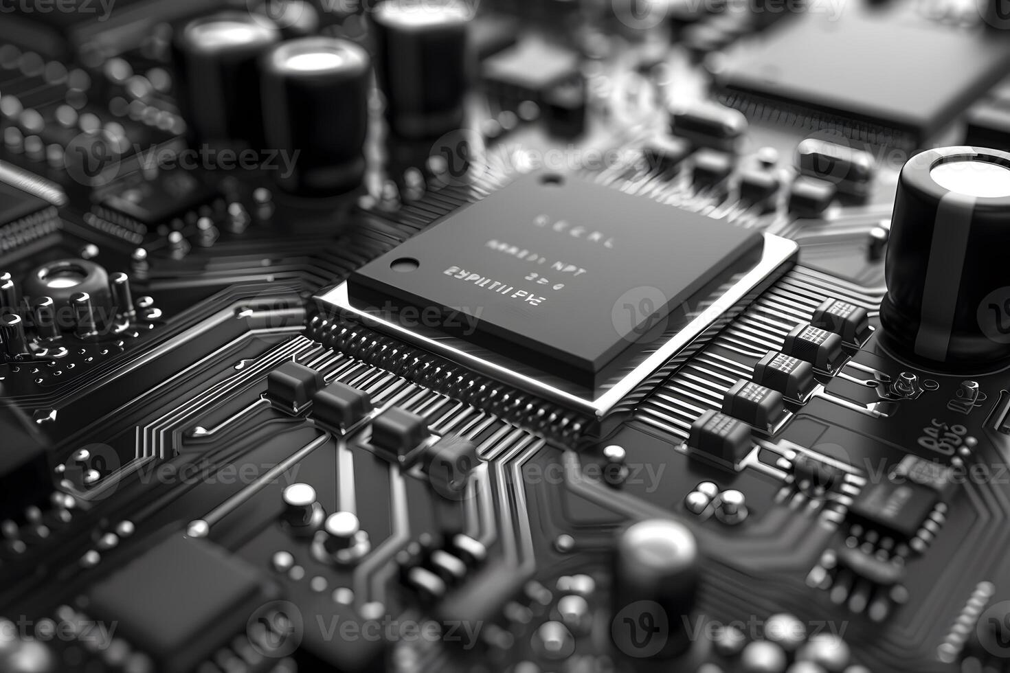 Close-up of computer motherboard with various electronic components photo