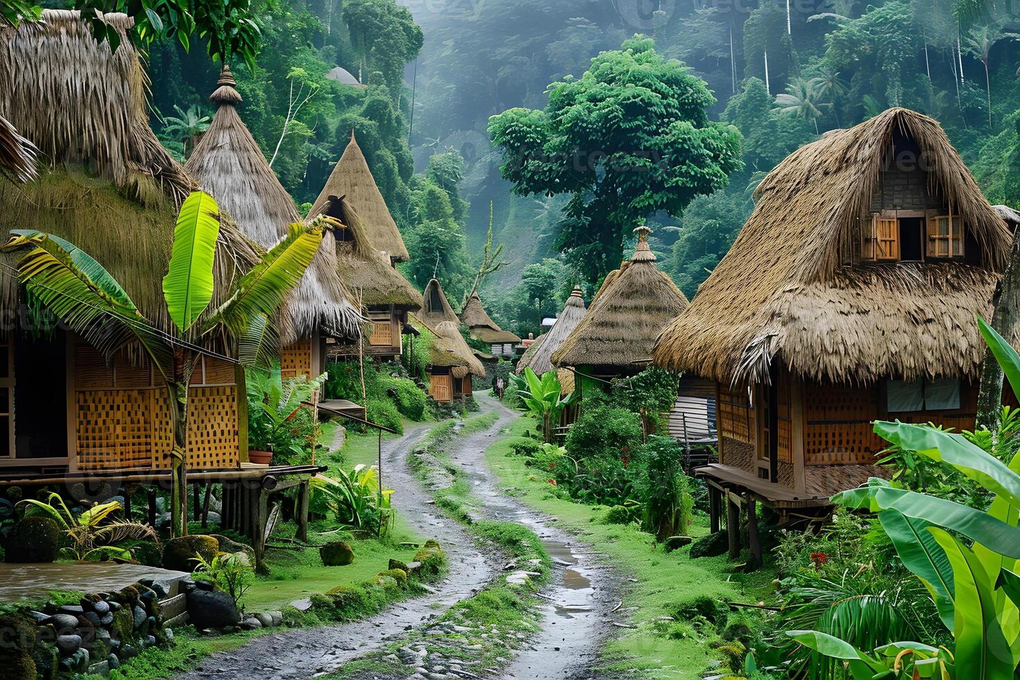 Many thatched houses surrounded by trees in a woodland photo