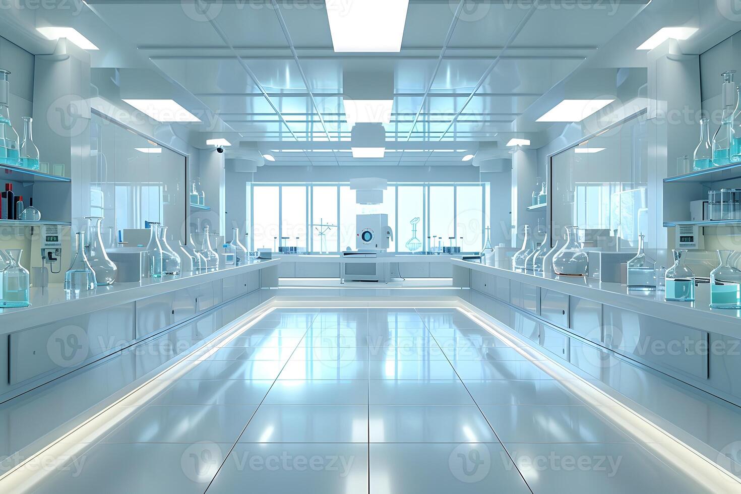 Laboratory with a lot of glassware and shelves photo