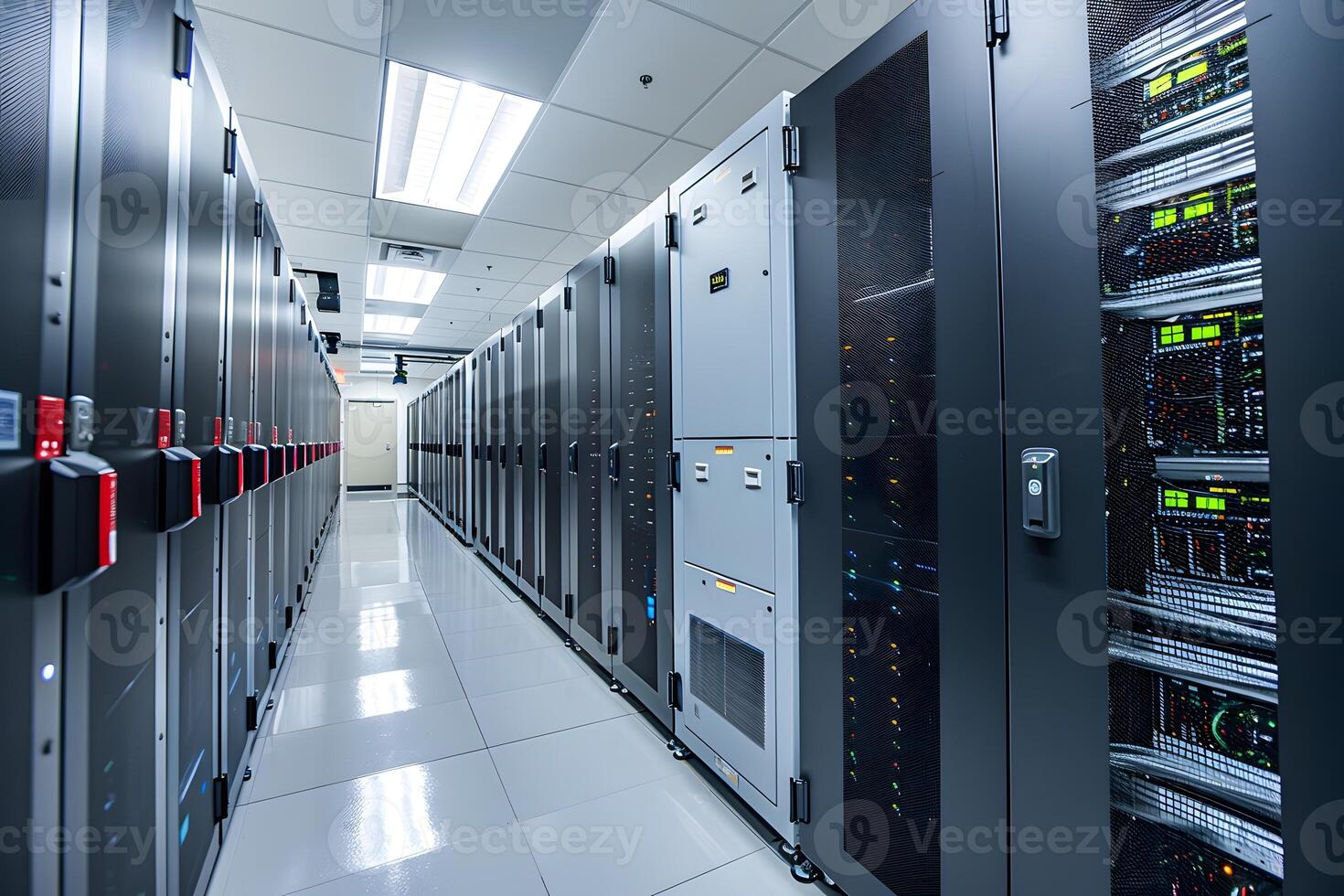 Row of servers in a data center with a lot of wires photo
