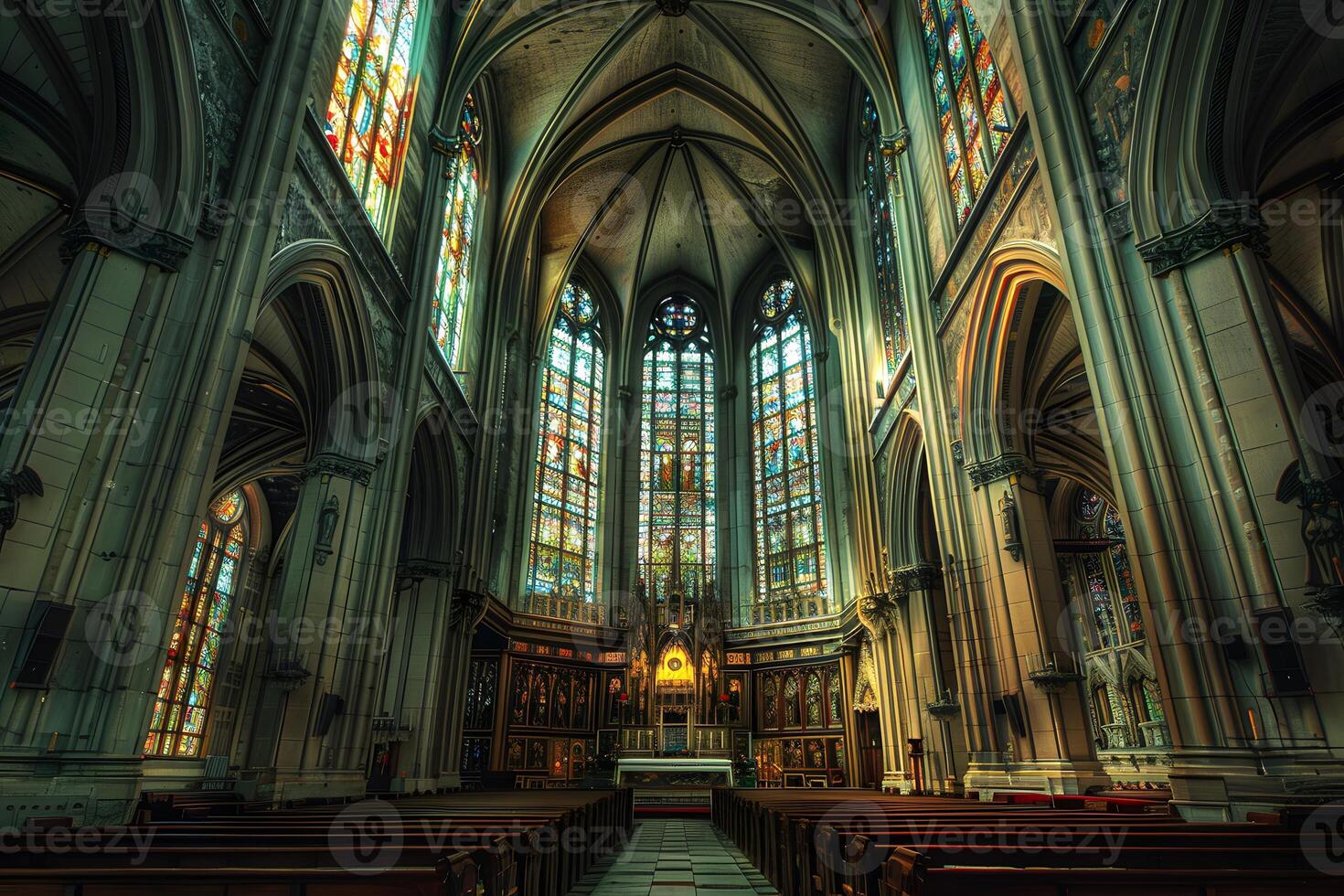 View of a cathedral featuring stained glass windows and rows of pews photo
