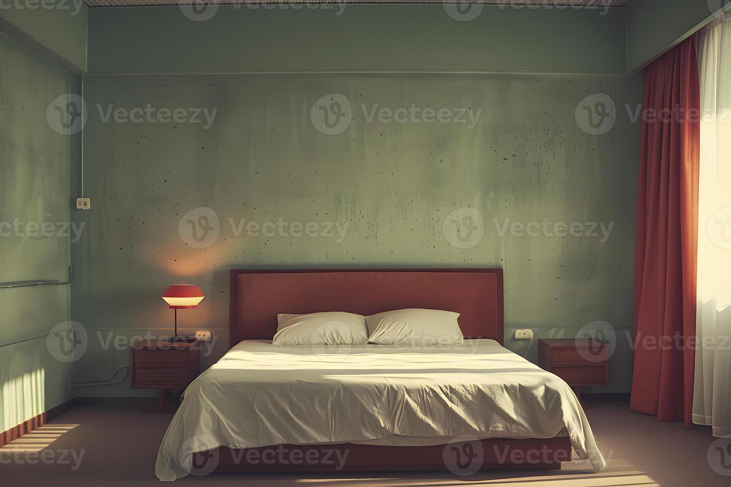 A bed with a white comforter and a night stand photo